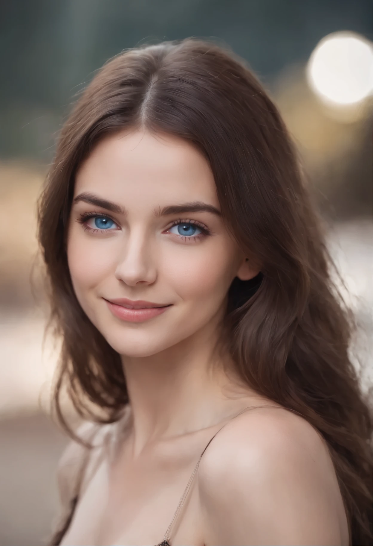 1 girl, brunette, Blue eyes, long hair, smiling, looks at the camera, Sexy, Darling