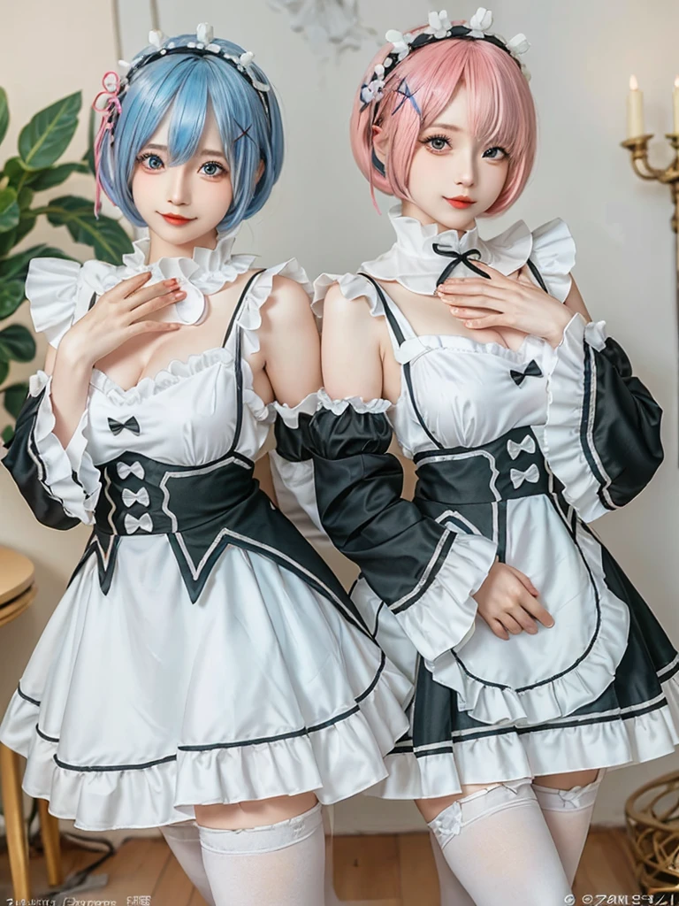 (8K, Photorealistic, Raw photo, of the highest quality: 1.3), (1girl in), Super beautiful, (Realistic face), (boyish, pink Color Berry Shorthair), Beautiful , Glare that captivates the viewer, Beautiful expression, Beautiful breasts, (Realistic skin), Be...Create a detailed and colorful image of Ram and Rem from Re:Zero, standing back-to-back in their maid outfits, with a magical fantasy background、14years old, two girls,cute, perfect face, beautiful, nice body, gothic lolita clothes, gothic lolita fashion, frilly skirt, headdress, necklace, bracelet, knee-high socks, boots, double eyelids, tear bags, Detailed down to the fingers, photo-like description, indoors, dim indoor lighting, one girl is pink hair and short bob, another girl is light blue hair and short bob,standing, whole body, composition that shows the whole body, smiling,The Both of them are wearing the same type of maid outfit