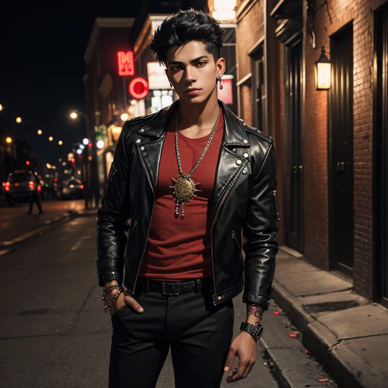 20 year old Latin skinned guy with black jacket red shirt lion print black pants Steampunk short black hair punk gothic chain looking straight at the viewer on a New Orleans night street background 