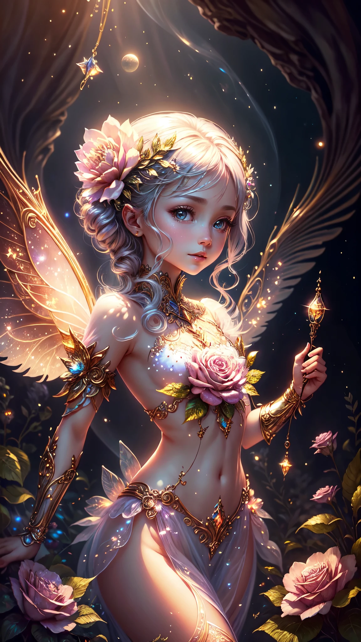 1 moon，Beautiful transparent flower fairy baby, detailed face, detailed eyes, detailed hands, Transparent colorful wings, The wand flutters in the wind､The wand flashed with starlight，Golden wand，Beautiful blue sky and white clouds、Girls have transparent wings､kindly smile､Beautiful garden background､Gentle and transparent，anatomy correct, Delicate pattern，Pink rose space, Soft lighting, ( Bokeh)，Masterpiece, Super detailed, Epic composition, Highest quality, 8K，Epic romantic fantasy digital art，Epic fairy tale fantasy digital art，Mythological fantasy，UHD resolution，Detailed detail drawing，realisticlying，Very realistic，cinmatic lighting,an award winning photograph,rich colours，hyper realistic lifelike texture，dramatic  lighting 