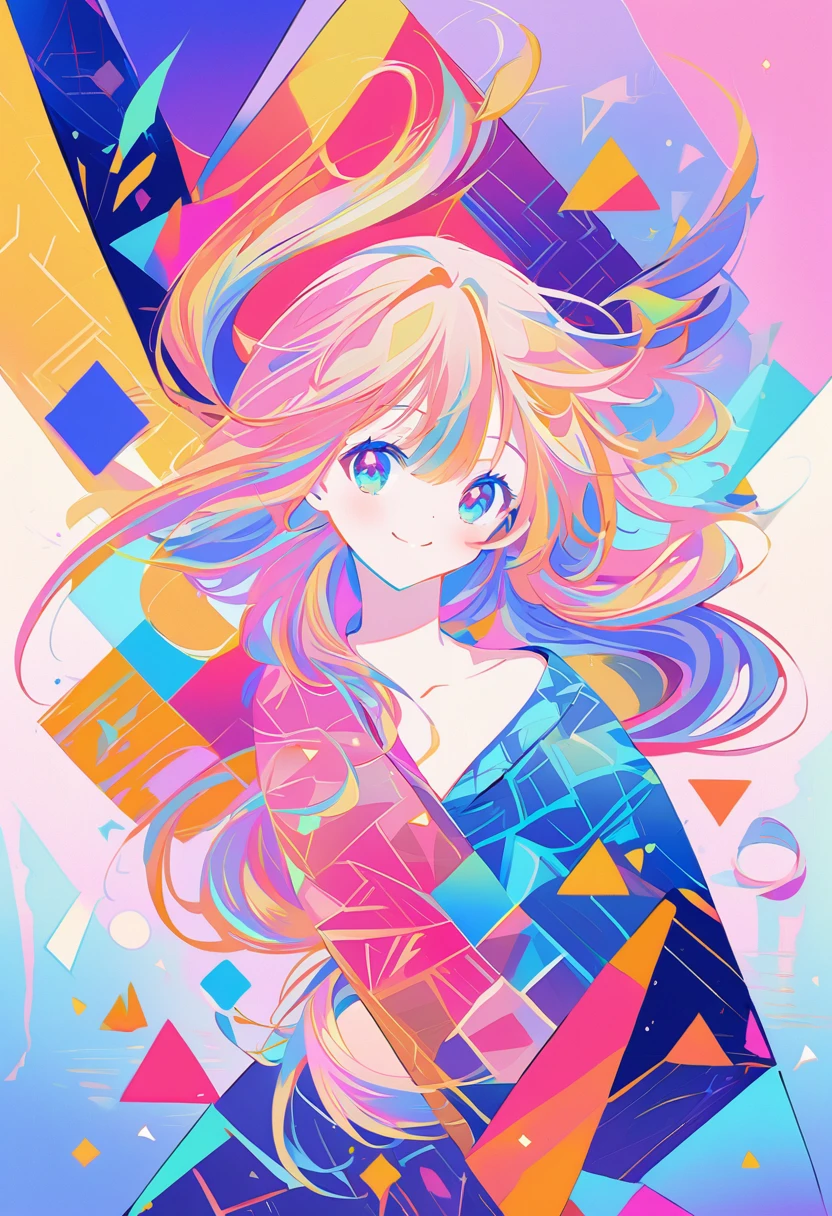 Seamless geometry,blank background,Geometric puzzle style,cute girl, shining eyes, 16 years old, hapiness,cute smile,flowing hair,Light blue geometric pattern yukata,Colorful geometric shapes around,Vibrant colors,Sparkling fireworks in the background,Colorful geometric shapes,eye-catching composition,abstract pattern,Geometric symmetry,Striking visual impact,artistic interpretation,expressive brushstrokes,Translucent layers,contrasting tones,Warm and cool light exposure,Ethereal and magical atmosphere,seductive and captivating scene