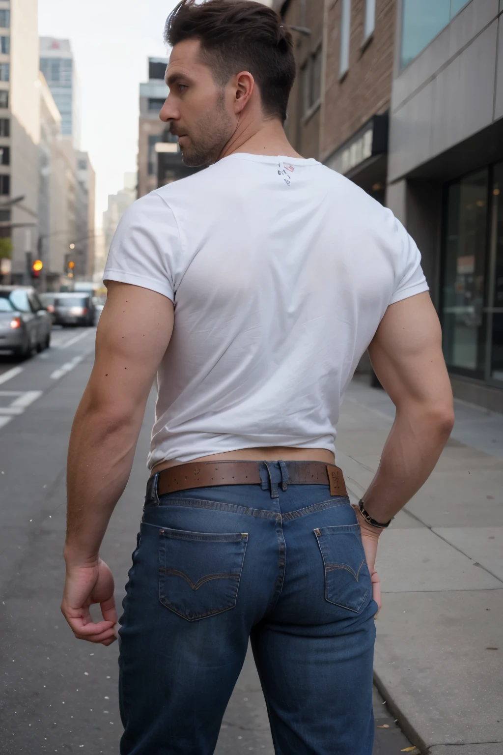 Candid photo of a timid 18yo redneck dg_Finn boy, ginger facial stubble,  short dark red hair, photorealistic, hyperdetailed, <lora:dg_Finn_v1:0.8>, homoerotic, handcuffs, handcuffed, small town streets, underwear, sharp focus,