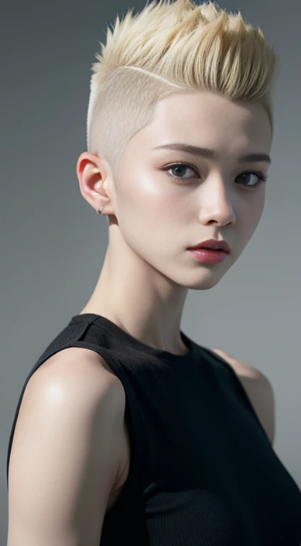 20 year old woman、blonde、(high top fade:1.3)、female soldier、dark theme、calm tone、calm colors、high contrast、(natural skin texture、hyper realism、soft light、sharp)