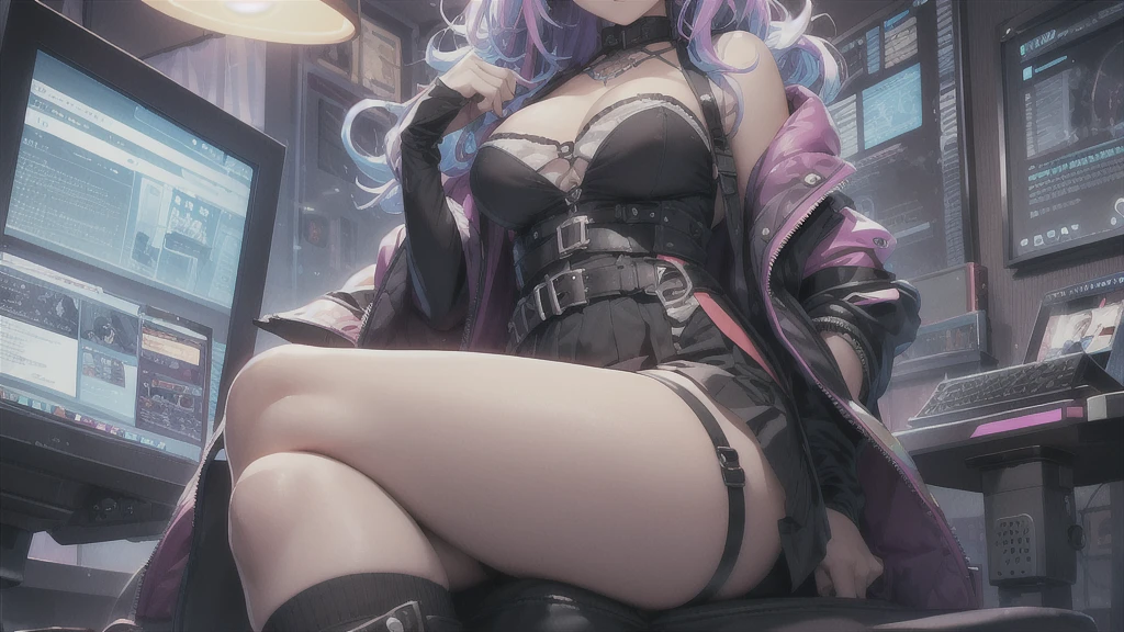 ultra-detailed, cute woman, petite stature, enormous breasts, white skin, alluring figure, rainbow hair, long messy hair, long upper eyelashes, eyebrows behind hair, upturned eyes, light blush, seductive smile, background((dark and messy gaming room, Server Machine, neon lights, Braces, some Computer screen, notebook)), messy paper, flight, Debris flying, writing border depth, Movie, Finished lunch box, Cup drinks, (((seated in a gaming chair))), ((sitting behind a computer)), ((Cross the feet)), (engrossed in staring at the computer screen:1.4), ((hands moving on the keyboard)), , , ((Blue jacket)), Open one shoulders, ((black short bandeau top)), ((white skirt), ((black thigh-high stockings)), ((screen light)), HDR, Premium shadow, Perfect painting, visual art, Perfect art, super detail, chiaroscuro, Best quality, super textured skin, super detail face, perfect face, Super fine facial details, beautiful and delicate eyes, perfect eyes, correct limbs, correct finger, super detail finger, best hair quality, best clothing quality, (((best prop quality))), ccurate, highres, super detail, masterpiece,, (photorealistic:1.3)