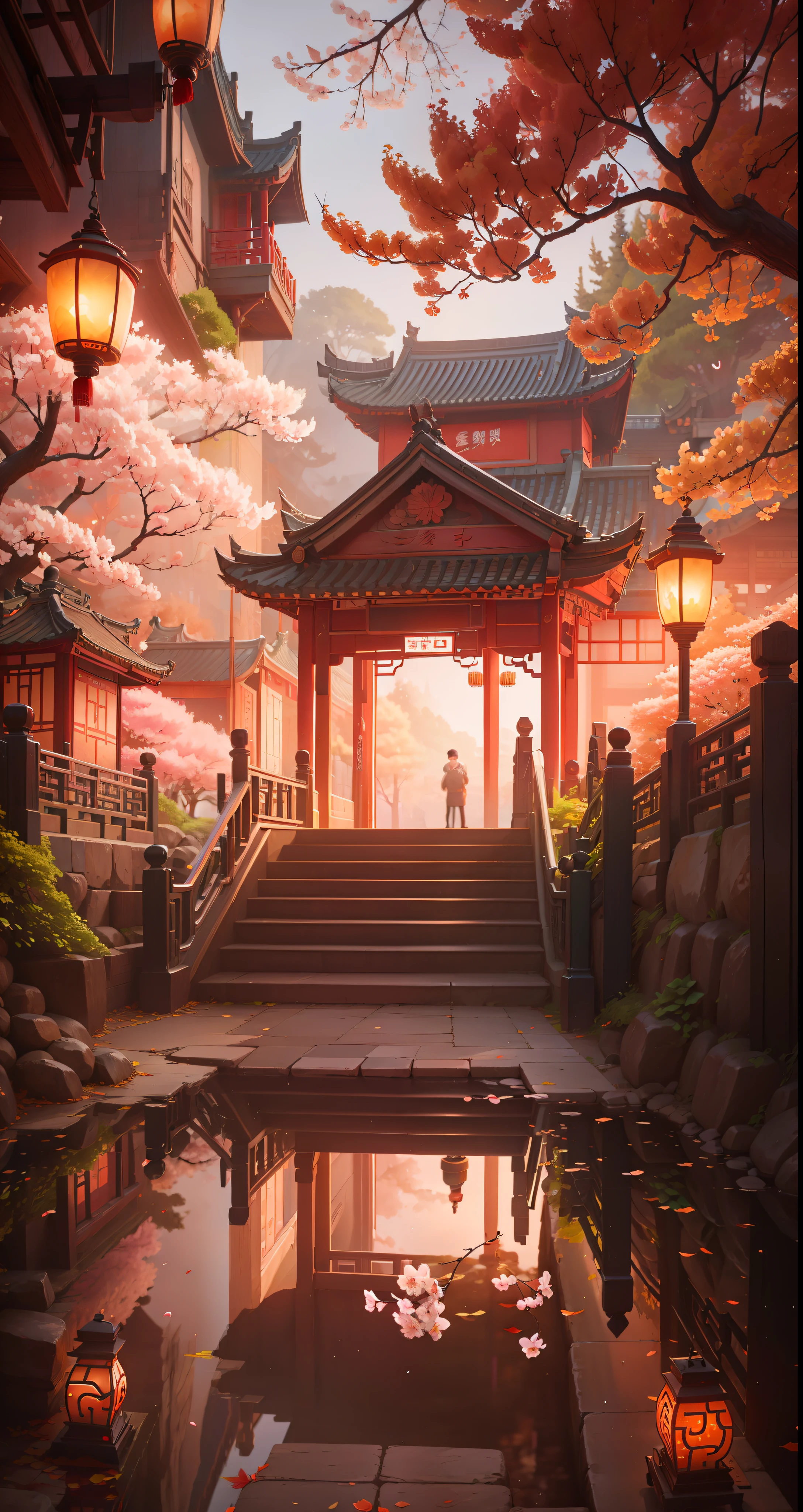 Look directly, Chinese style pavilion, stone path, Chinese style railing, maple leaves, lanterns, cherry blossoms, falling cherry blossoms