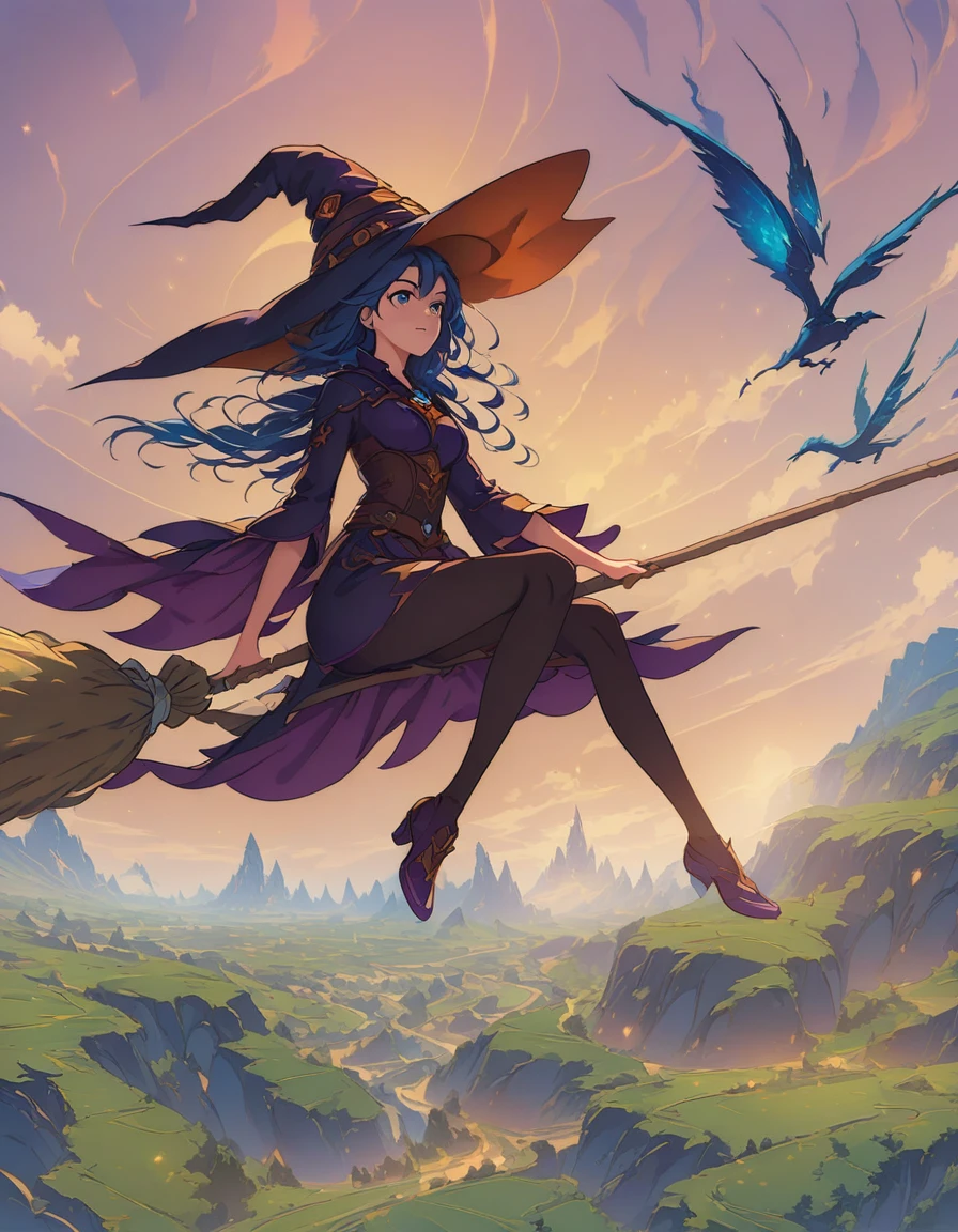 1girl, flying witch, (sit on a broom:1.5), witches flying in the sky with their brooms and hats, wraiths riding in the sky, sky witch, flying on the broom, rob rey, by Alexander Kucharsky, fantasy illustrations, fantasy illustration, wlop and rhads, flying in sky, high fantasy illustration, jen bartel, fantasy art behance, fantasy book illustration . (masterpiece), (best quality), (ultra-detailed), very aesthetic, illustration, disheveled hair, perfect composition, moist skin, intricate details, anime artwork, anime style, visual, vibrant, studio anime, highly detailed, aesthetic