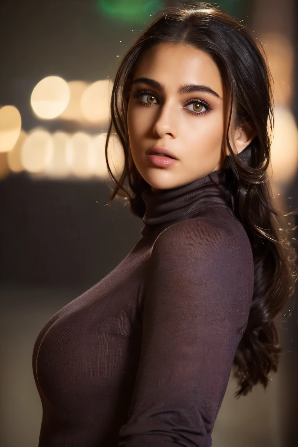 Photography of a woman, beautiful gorgeous face, ((close body)), (wearing turtleneck t-shirt), cute, ((dark brown iris)), perfect body, cinematic lighting, bokeh, 8k, uhd, soft shadows, masterpiece, (very detailed face lips eyes), round medium , long brunette hair, high ponytail, ((extremely proportion)), ((hyper detailed)), ((photorealistic)), ((absolutely gorgeous face))