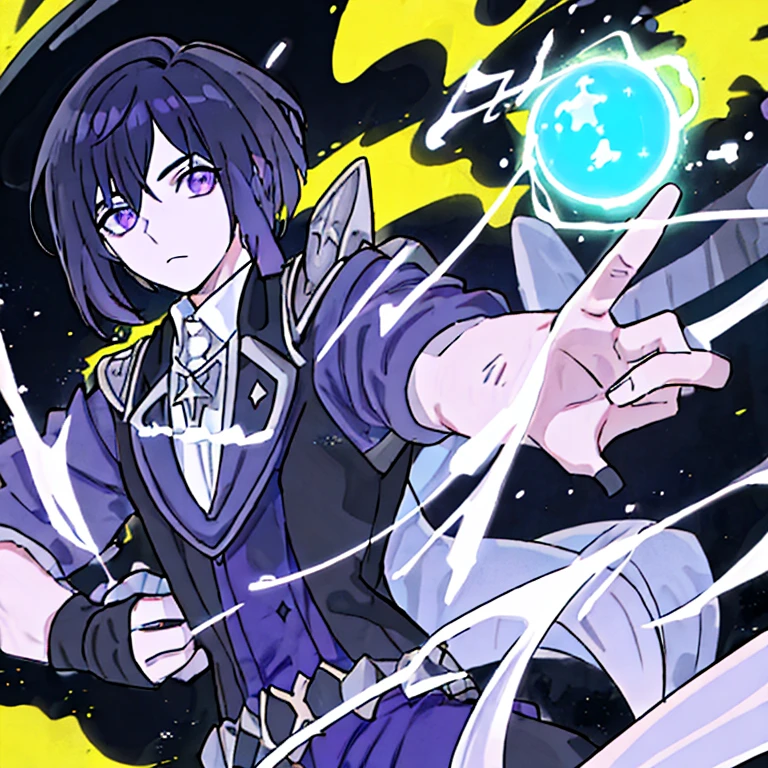 Joven de cabello blanco corto y ojos de color morado,with cosmic energy around him,con un traje de asesino blanco y negro,in his hand destructive particles