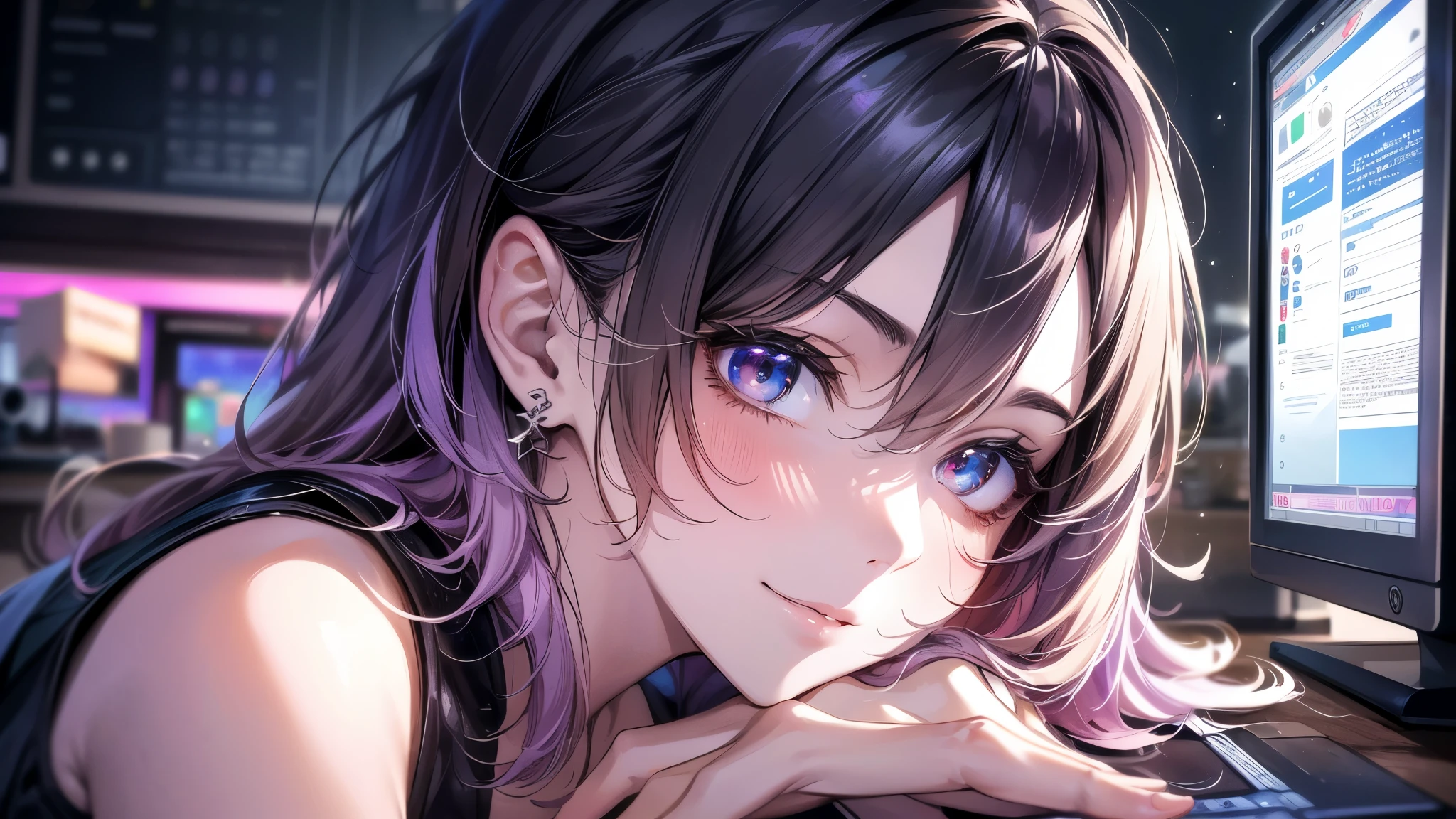 ultra-detailed, cute woman, petite stature, enormous breasts, white skin, alluring figure, rainbow hair, long messy hair, long upper eyelashes, eyebrows behind hair, upturned eyes, light blush, seductive smile, background((dark and messy gaming room, Server Machine, neon lights, Braces, some Computer screen, notebook)), messy paper, flight, Debris flying, writing border depth, Movie, Finished lunch box, Cup drinks, (((seated in a gaming chair))), ((sitting behind a computer)), ((Cross the feet)), (engrossed in staring at the computer screen:1.4), ((hands moving on the keyboard)), , , ((Blue jacket)), Open one shoulders, ((black short bandeau top)), ((white skirt), ((black thigh-high stockings)), ((screen light)), HDR, Premium shadow, Perfect painting, visual art, Perfect art, super detail, chiaroscuro, Best quality, super textured skin, super detail face, perfect face, Super fine facial details, beautiful and delicate eyes, perfect eyes, correct limbs, correct finger, super detail finger, best hair quality, best clothing quality, (((best prop quality))), ccurate, highres, super detail, masterpiece,, (photorealistic:1.3)