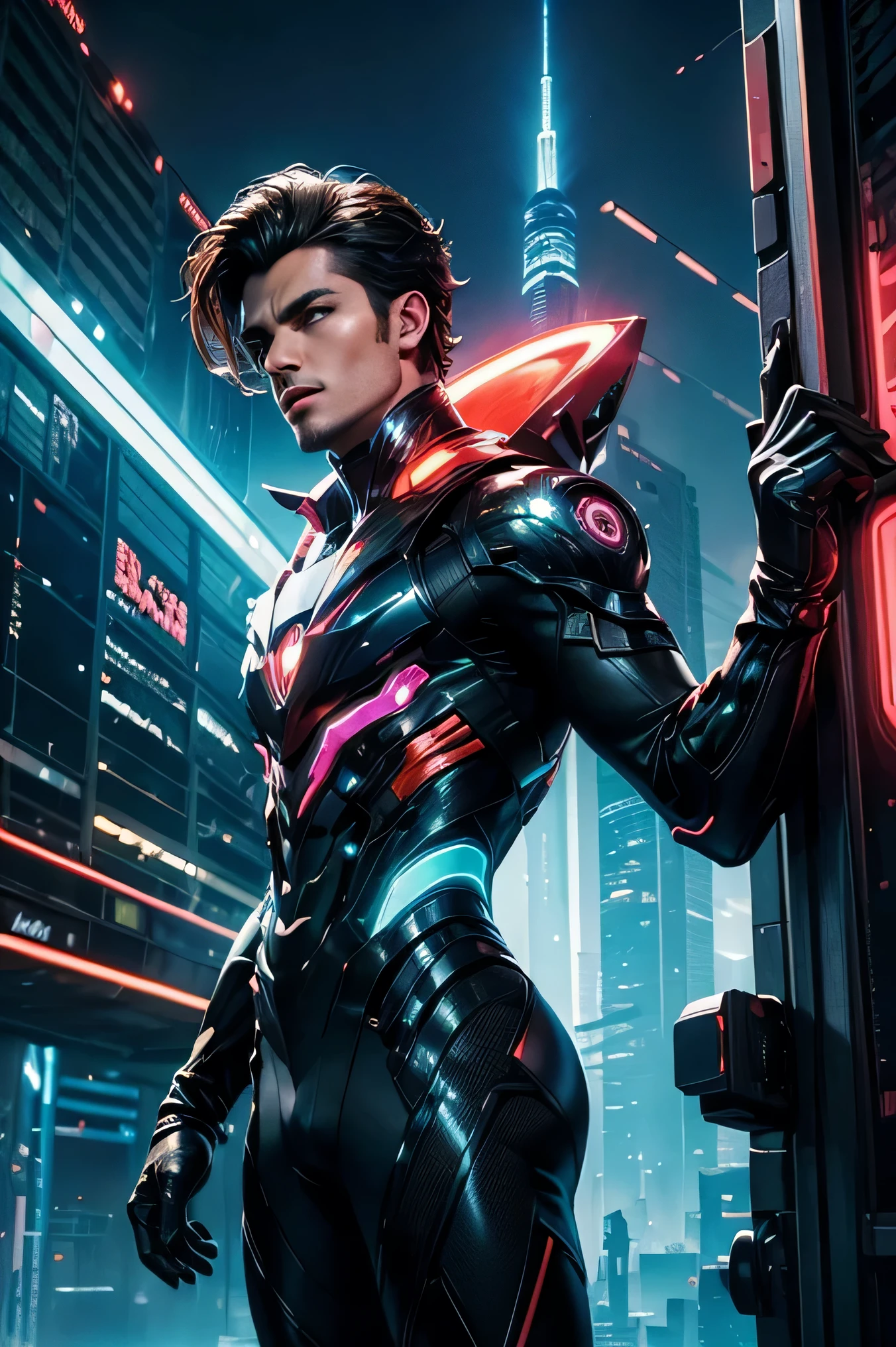 un hombre de tez morena, con cabello negro y ojos de color rojo brillante, who is wearing a technological and futuristic suit. This man should be in a dynamic pose, holding with both hands a glowing, pulsing ball of energy. En el fondo de la imagen, deseo ver un paisaje que combine elementos futuristas, like skyscrapers and neon lights, con elementos naturales, such as exotic trees and plants. The overall atmosphere should convey a sense of awe and wonder at technological advancement and harmony with nature.. The image must have HD resolution, calidad alta, use colors that fit the futuristic theme and follow a realistic art style