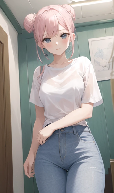 ((obra maestra, Mejor calidad)), (1 chica), pale pink hair, sonrisa dulce, ojos azules, pelo corto, (bun), polera blanca, wide jeans pants