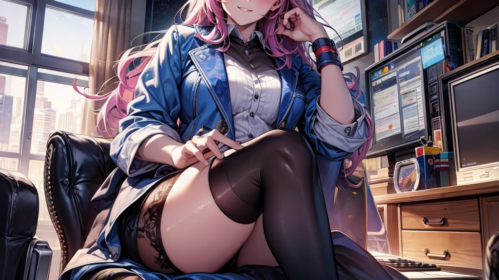 ultra-detailed, cute woman, petite stature, enormous breasts, white skin, alluring figure, rainbow hair, long messy hair, long upper eyelashes, eyebrows behind hair, upturned eyes, light blush, seductive smile, background((dark and messy gaming room, Server Machine, neon lights, Braces, some Computer screen, notebook)), messy paper, flight, Debris flying, writing border depth, Movie, Finished lunch box, Cup drinks, (((seated in a gaming chair))), ((sitting behind a computer)), ((Cross the feet)), (engrossed in staring at the computer screen:1.4), ((hands moving on the keyboard)), , , ((Blue jacket)), Open one shoulders, ((black short bandeau top)), ((white skirt), ((black thigh-high stockings)), ((screen light)), HDR, Premium shadow, Perfect painting, visual art, Perfect art, super detail, chiaroscuro, Best quality, super textured skin, super detail face, perfect face, Super fine facial details, beautiful and delicate eyes, perfect eyes, correct limbs, correct finger, super detail finger, best hair quality, best clothing quality, (((best prop quality))), ccurate, highres, super detail, masterpiece,, (photorealistic:1.3)