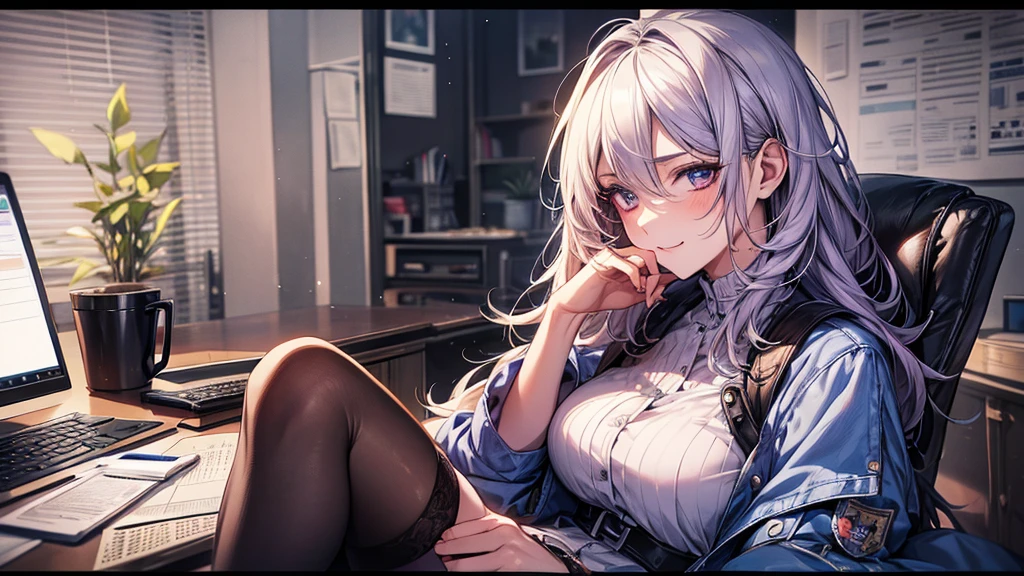 ((Highest quality)), ((masterpiece)), ((detailed)), (4K), 1girl, 独奏, silver hair, office lady, sweater, pencil skirt, Miniskirt, long tongue, large breasts, (spread legs), (looking up), (from below), looking at viewer, show off nipple, (sweat), blush, angry, aroused, (orgasm), cameltoe, long tongue, office, midnight sky