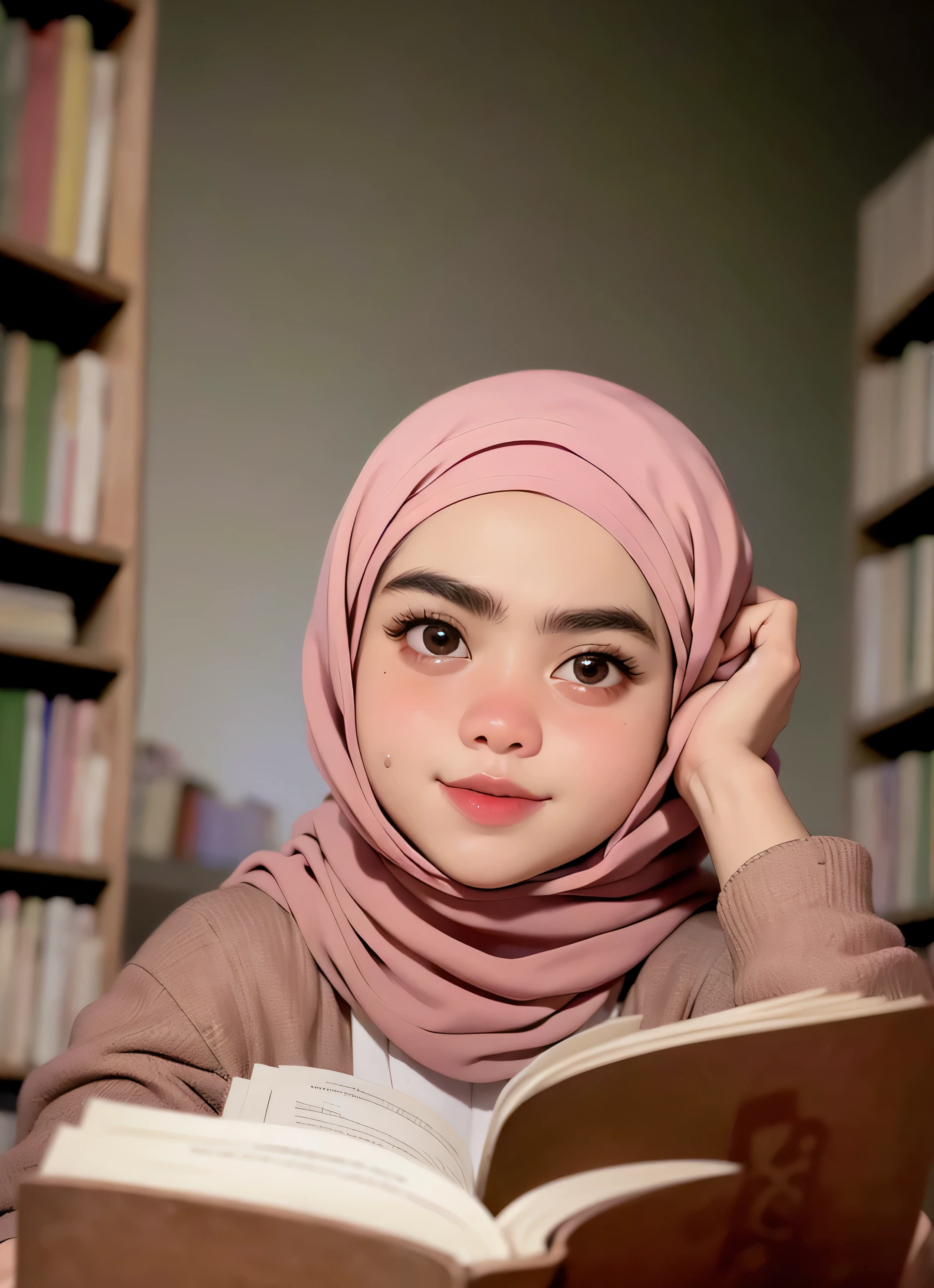 Produce an exceptionally detailed and lifelike scene portraying a young Malay girl, elegantly adorned in a hijab, immersed in a library. Her expression should reflect sheer surprise as magical fairies burst forth from the book she's reading. Strive for impeccable photorealism and an 8K resolution with a dynamic depth of fieldfield,  smile