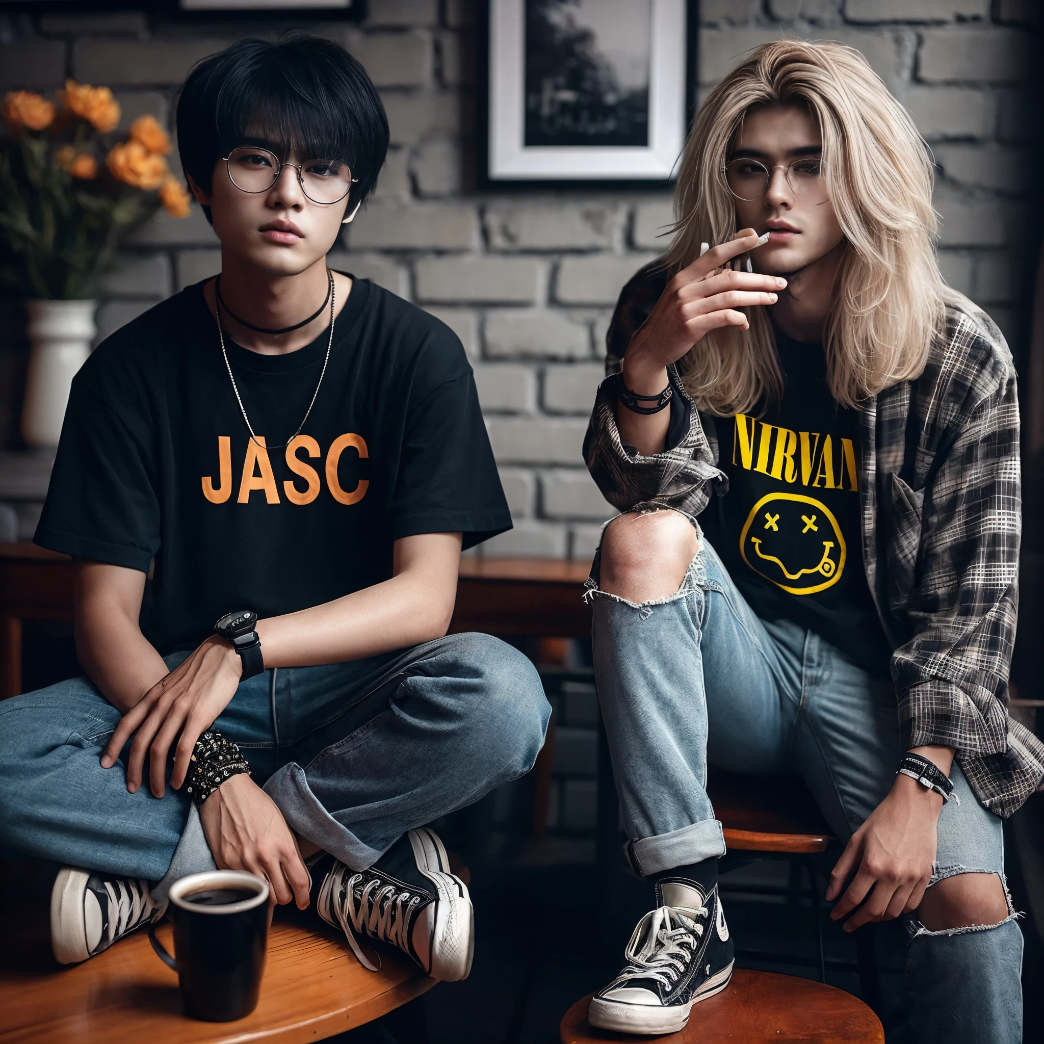 they are sitting on a bench smoking a cigarette and looking at the camera, male ulzzang, jin shan and ross tran, & jeehyung lee & wlop, casual clothing style, alessio albi and shin jeongho, japanese streetwear, grunge fashion, casual streetwear, grunge aesthetic, grunge style, retro 9 0 s japanese, jung jaehyun