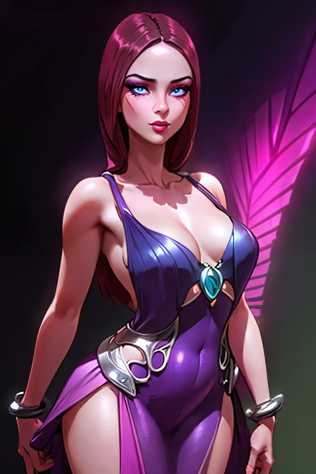 Aphrodite (purple gradient dress:1.2), brunette hair, blue eyes, (Winx Club Bloom:1.2), (masterpiece:1.2), (full-body-shot:1),(Cowboy-shot:1.2), neon lighting, dark romantic lighting, (highly detailed:1.2),(detailed face:1.2), (gradients), colorful, detailed eyes,, (natural lighting:1.2), solo 