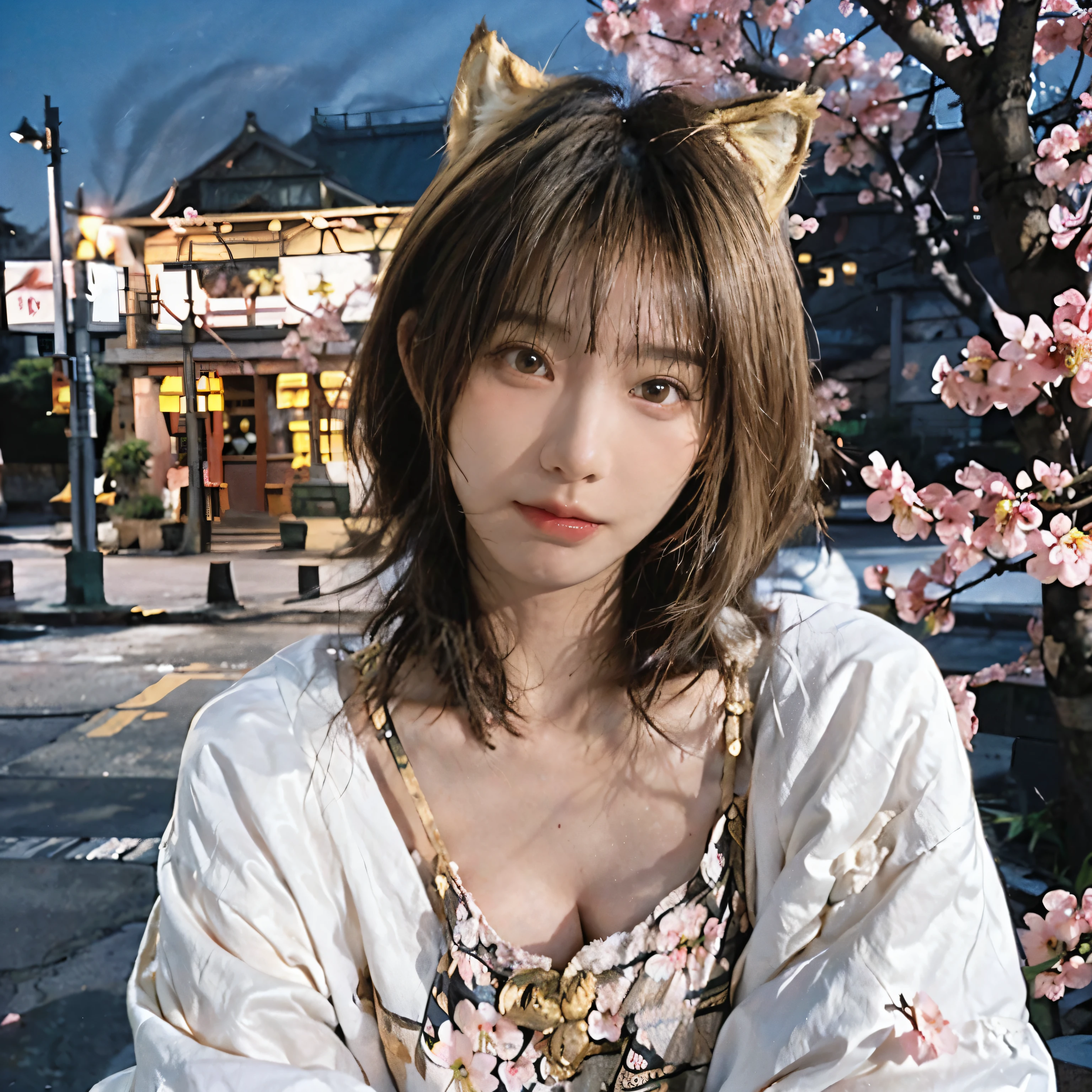 8K、(taking a selfie)、night park、((Cherry blossoms in full bloom all over the background))、(((blonde))) 、smaller head、highest quality, high resolution, (realism: 1.4), original photo, (real skin texture: 1.3), (film grain: 1.3), beautiful eyes and face details, highest quality, full body、bob cut、18-year-old、(((Golden cat ears)))