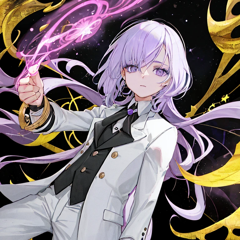 Joven de cabello blanco y ojos de color morado,with cosmic energy around him,con un traje de asesino blanco y negro