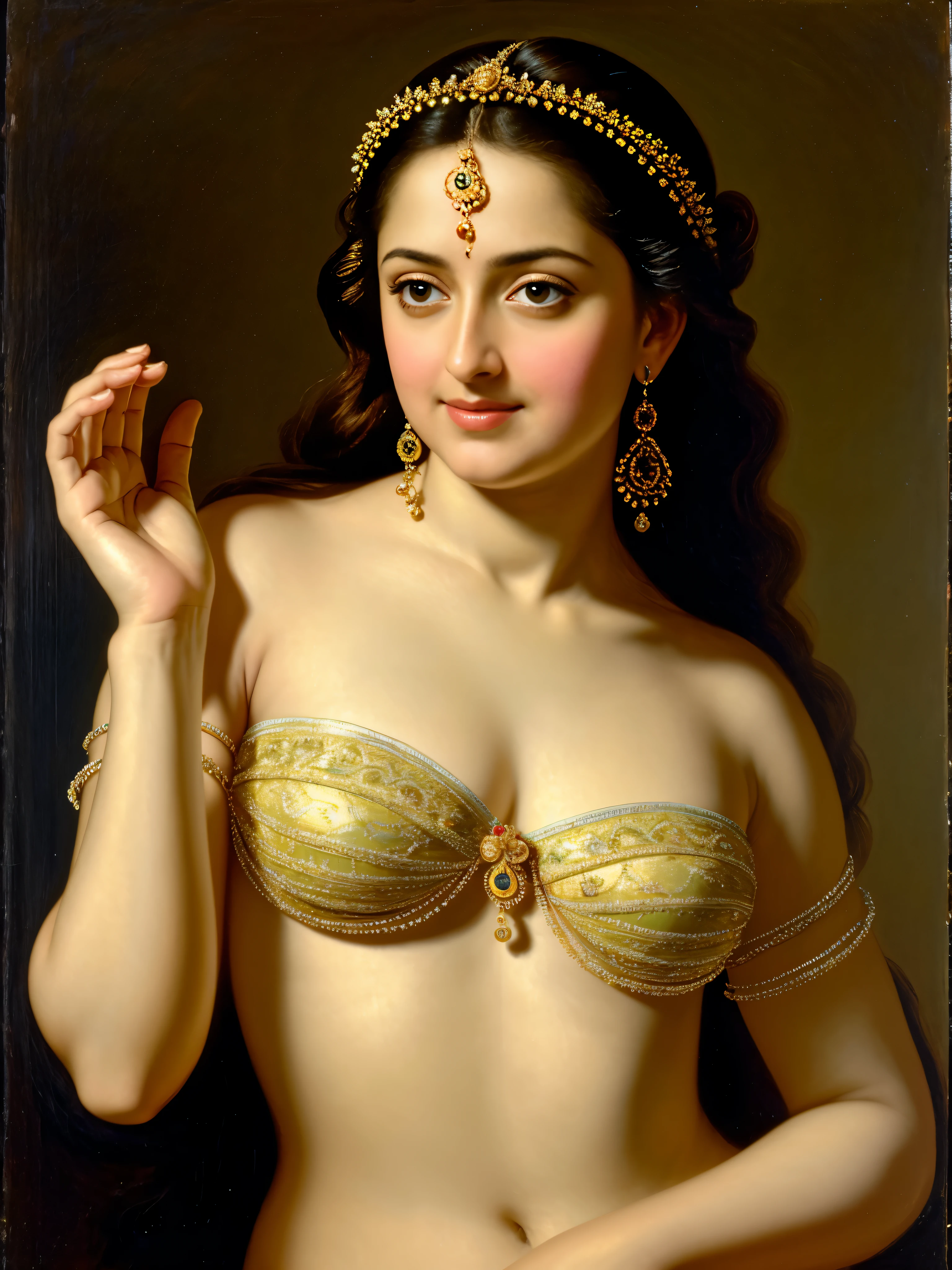 Looks like Anushka Shetty, Masterpiece, Best quality, high clarity eyes, critically flawless,sharp picture, Full portrait, High pixels, perfect face, perfect eyes, beautiful face, perfect hands,perfect fingers, in Peter Paul Rubens style, by Peter Paul Rubens, baroque style, acrylic on canvas, highly detailed, description: "Create a nymph inspired by the tales of Greek or Roman mythology, embodying the essence of a natural element or location, and possessing a unique ability or trait that sets her apart.", strapless Bra of ancient times, strapless bralette, armpits showing,