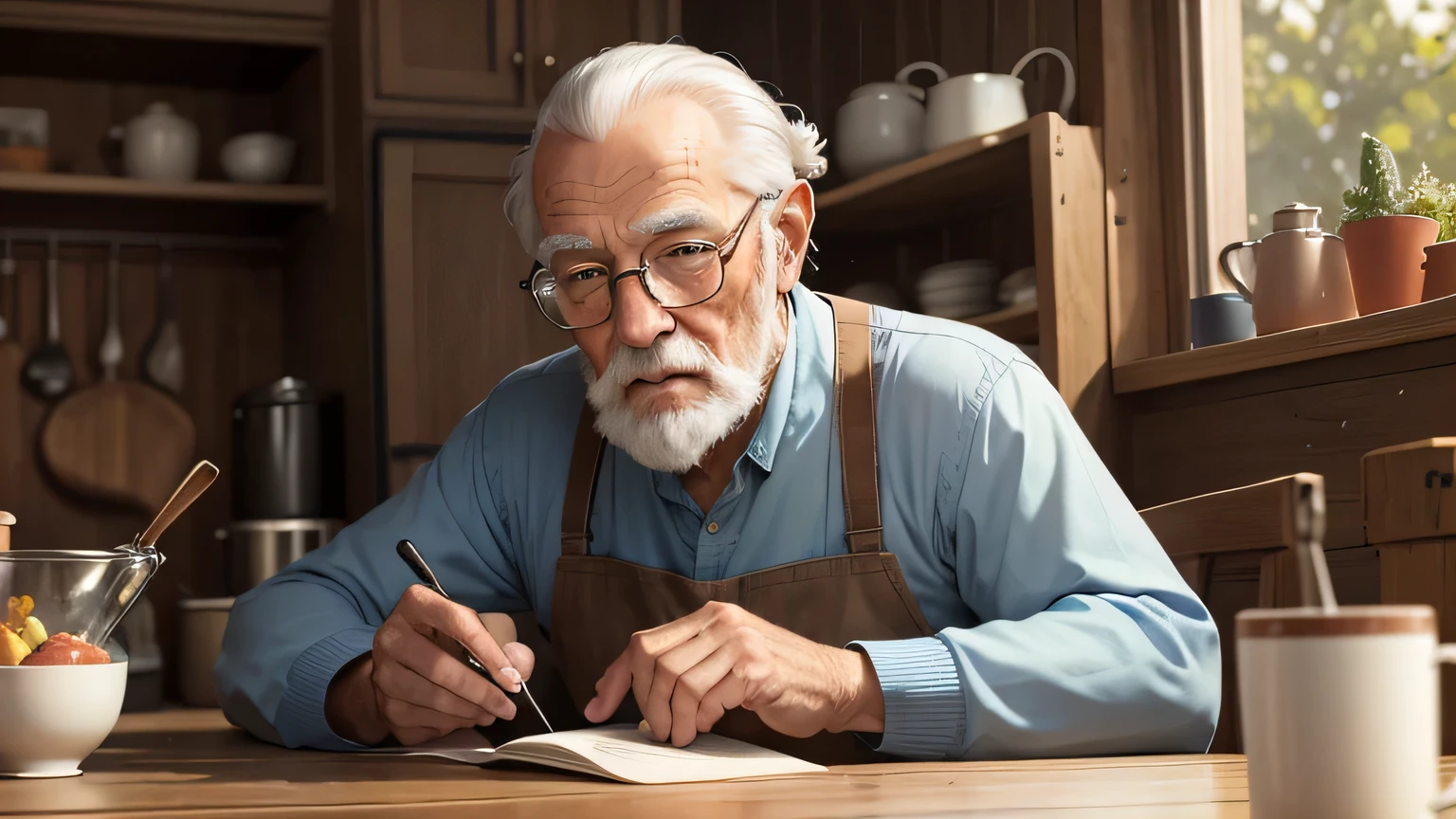 grandpa looking old man avatar sitting at kitchen table facing the camera. Telling a story