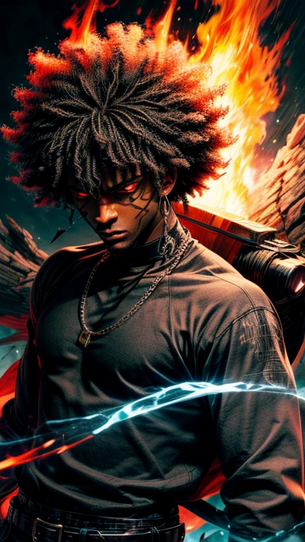 a close up of a person with a black face, Afro American man, black twisted Afro, black hair, muscular, God, Face resembling Rhea Ripley, warrior energy, black long sleeve shirt with silver embroidered typography on sleeve, intricate design on shirt, Crimson Red Flame Aura,Nebular Diamond link chain draped around neck, stud ear piercing made out of diamond, anime art wallpaper 4 k, high resolution, beast form,anime art,masculine, black man, glowing eyes, muscular,badass, calm, patient, anime 8 k, anime epic artwork, 4 k manga wallpaper, ultra hd anime wallpaper