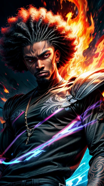 a close up of a person with a black face, Afro American man, black twisted Afro, black hair, muscular, God, Face resembling Rhea Ripley, warrior energy, black long sleeve shirt with silver embroidered typography on sleeve, intricate design on shirt, Crimson Red Flame Aura,Nebular Diamond link chain draped around neck, stud ear piercing made out of diamond, anime art wallpaper 4 k, high resolution, beast form,anime art,masculine, black man, glowing eyes, muscular,badass, calm, patient, anime 8 k, anime epic artwork, 4 k manga wallpaper, ultra hd anime wallpaper