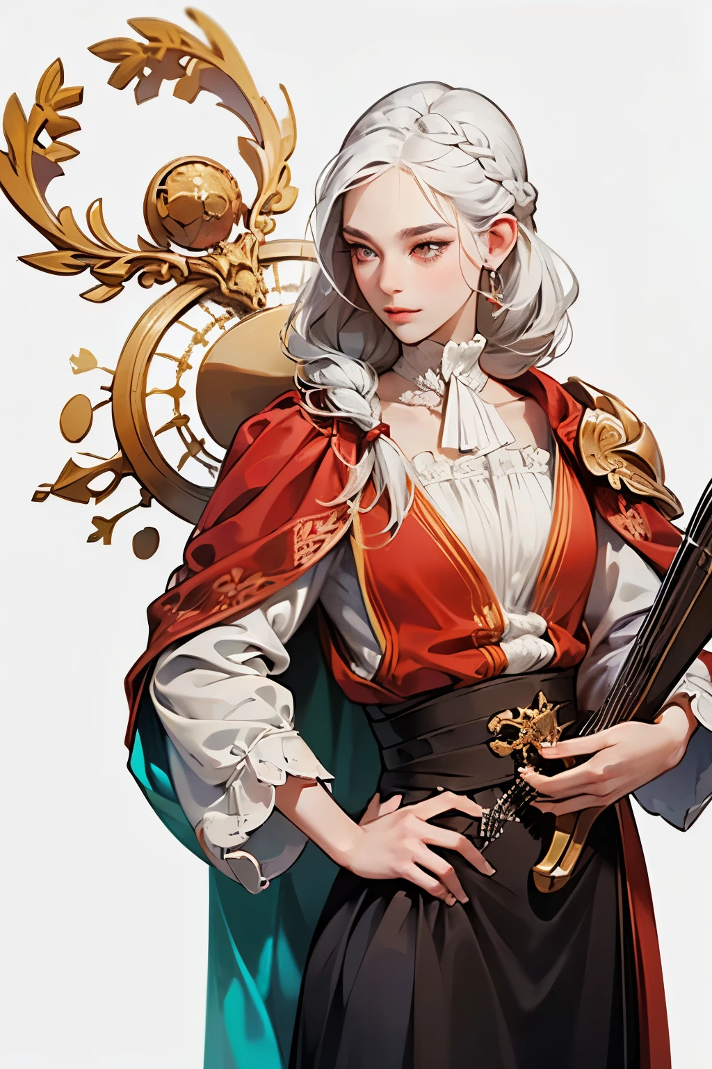 ((masterpiece)),(((best quality))), (1 adult woman), ((hair braided)), red eyes, white-coral hair, (((bard))), detailed face, well drawn face, simple medieval open clothes, traveler, artist, character without makeup, Environment change, pose too, charturnbetalora, (simple background, white background: 1.3),