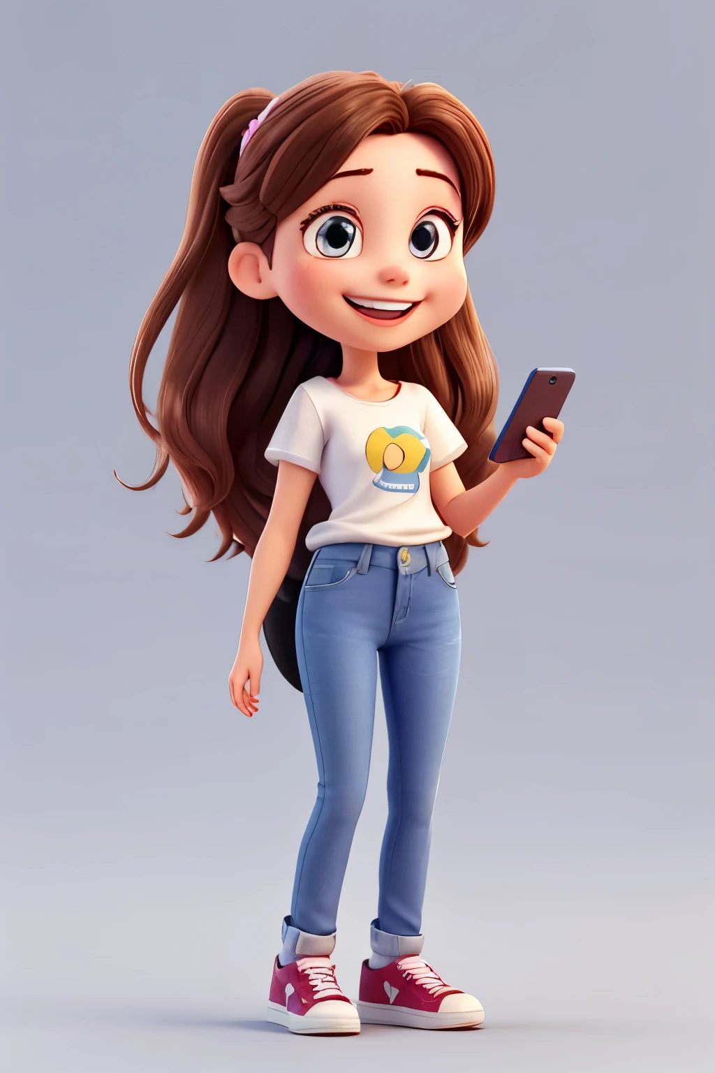 3D Character,3d rendering of a cute anime girl,8k,A young and successful Brazilian businesswoman,about 28 years old,animation character,Aurora Arruda,Aurora will be smiling,beautiful 3d rendering,Best quality,brown hair that reaches her waist,Cartoon character,Casual pose,character 3d render,character in her natural pose,character rendering,cheeky smile,cute character,Disney style,female character,female protagonist,full body,full body character drawing in the style of 3D Art,headshot profile picture,highly detailed character,Holding a cellphone in her right hand,insane smile,largely smilling,laughing huge smile,Pixar style render illustration,Posing for photos,promotional rendering,pure white color background,She is a young woman,she is smiling,Smiling female,smiling happily at the camera,straight,Stylized 3d rendering,Super Detail,toon rendering screenshot,very big smile,very happy,wearing jeans and white t-shirt,wearing sneakers,white skin,work of art,young wonn with a huge smile