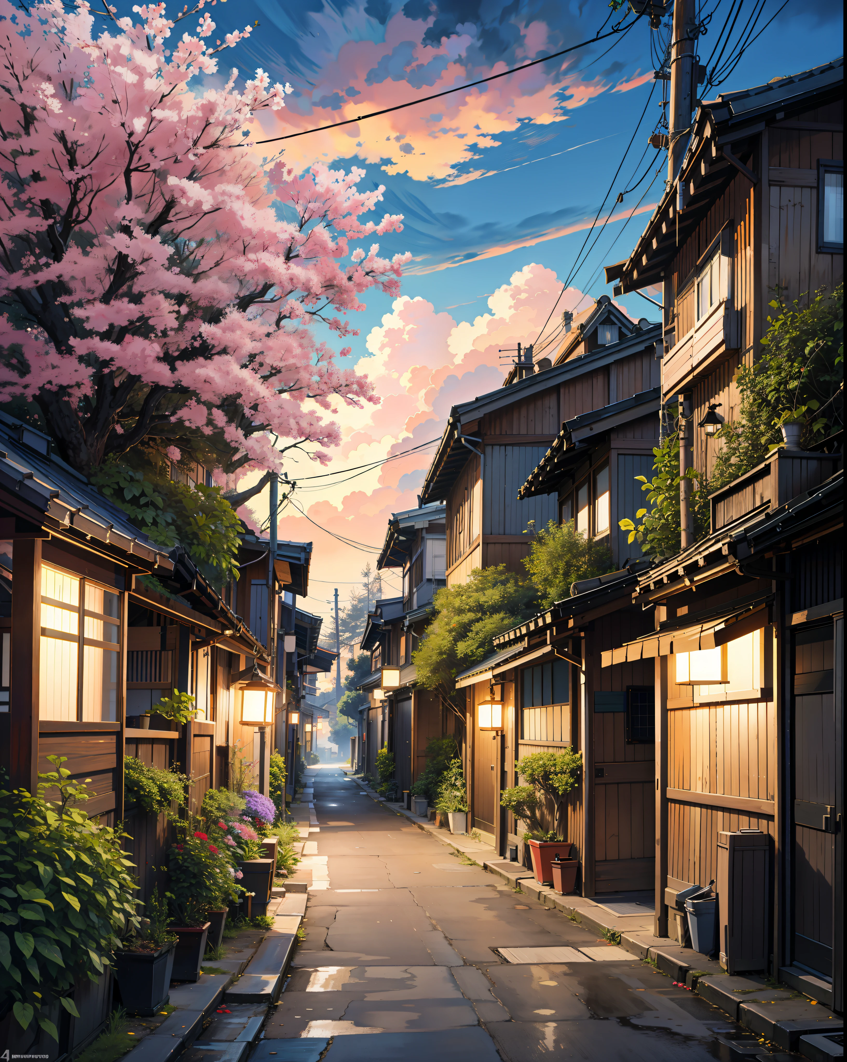 painting of a Japan street, beautiful mountain fiji view, beautiful calm lofi vibe,bushes,flowers, plant, rug, golden hour,hanging street lights  , rainy day ,dusk,4k hd, cloud,beautiful art uhd 4 k, a beautiful artwork illustration, beautiful digital painting, highly detailed digital painting, beautiful digital artwork, detailed painting 4 k, very detailed digital painting, rich picturesque colors, gorgeous digital painting