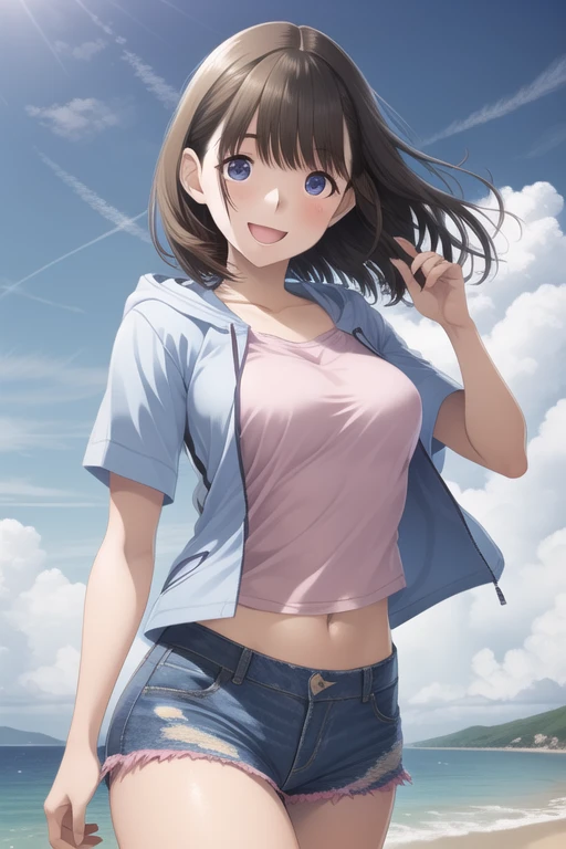 High resolution,8K,highest quality,detailed,semi-realistic anime,anime 3d style,smooth anime CG,
1 girl,20 year old female living in Japan,slim,modeled,shiny chestnut hair,medium hair,detailed face,beautiful and detailed eyes,glowing skin,smile、cowboy shot
((Blue short sleeve hoodie、BREAK Pink T-shirt)),((open jacket)),((denim shorts)),smile with open mouth,random pose,summer sea,clear blue sky,Cumulonimbus cloud,background blur,The wind is blowing,