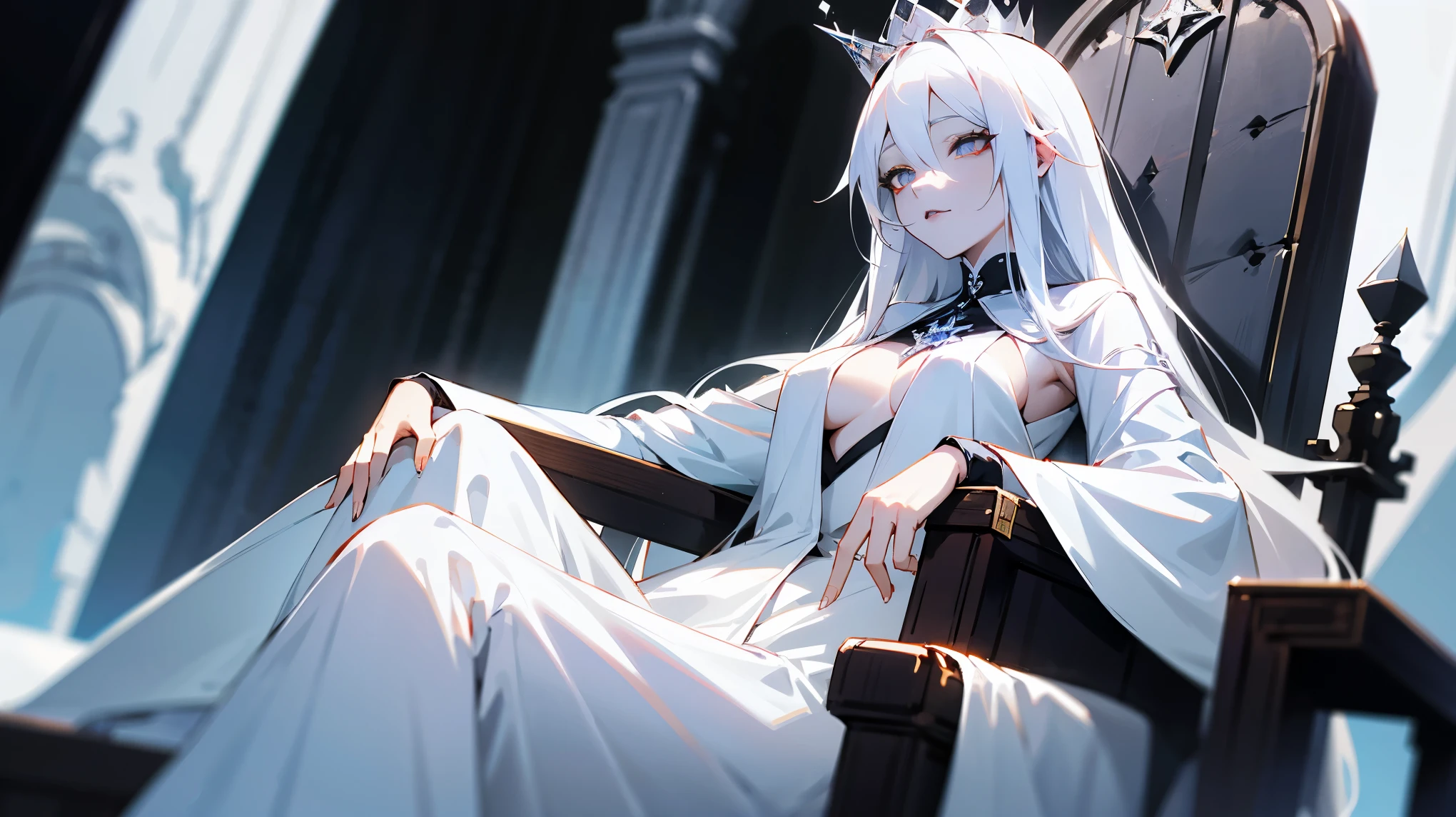 white hair, white eyes, woman, sitting on throne, godly white aura, long white hair, black lipstick, white diamond on chest, white crown,