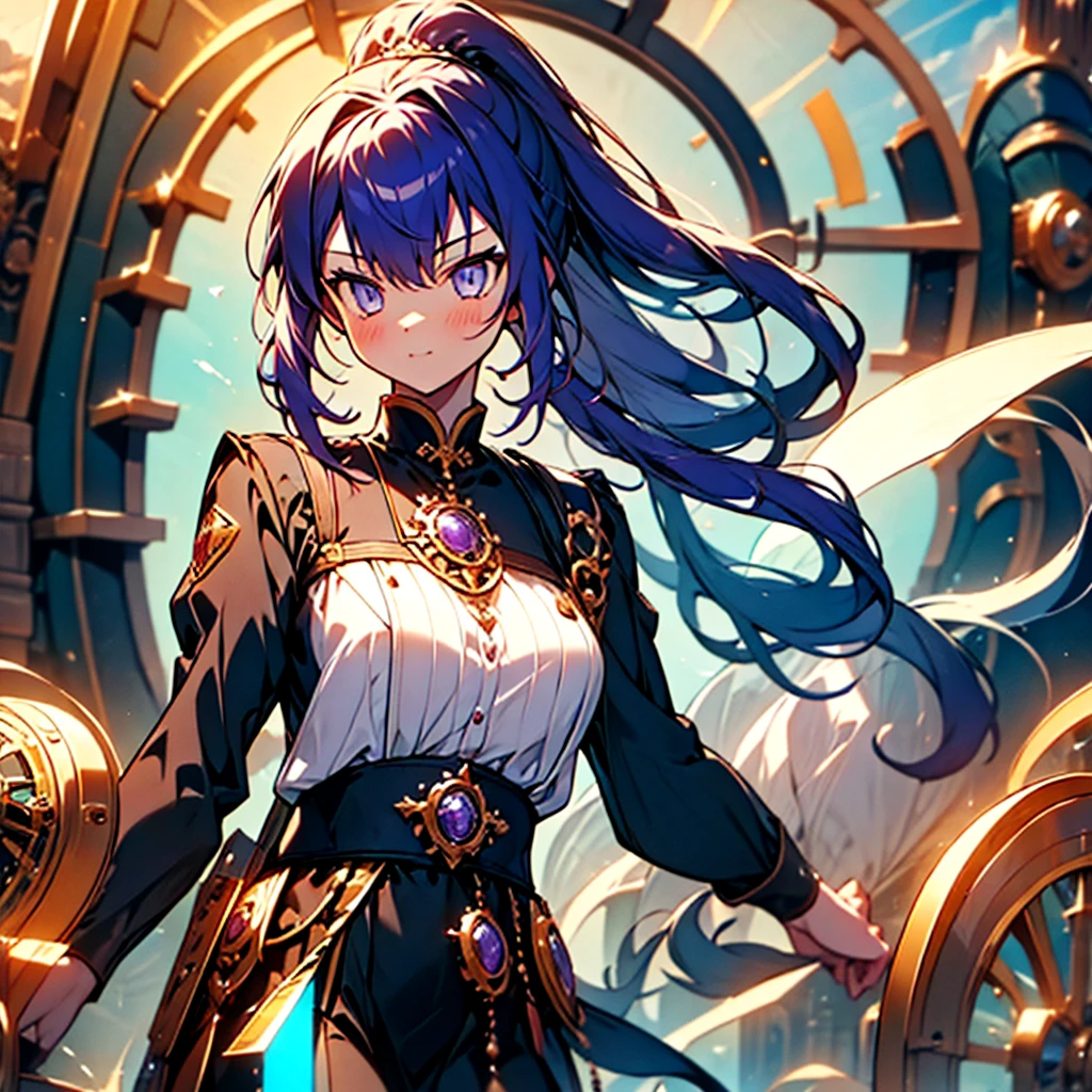 highest quality,(highest quality)),((table top)),((perfect face)),(background blur),Girl in white and light blue dress,purple eyes,purple hair, full body, ponytail,Brave,small breasts,fantasy,stained glass style,((holographic))