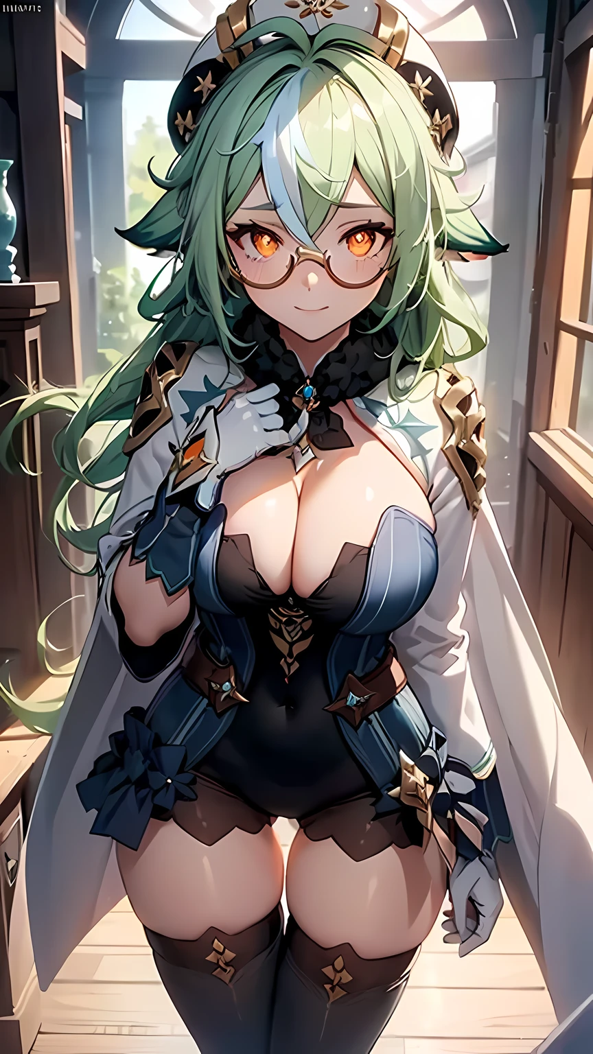 (masterpiece), best quality, expressive eyes, perfect face,(((1 girl))),((white and dark blue surcoat:1.3)),(huge breasts:1.5),(thigh gap:1.5),animal ears,glasses,semi rimmed,bedroom,hand on own chest,heel boots,multicolored hair,green hair,cleavage,looking at viewer,smiles, eyeshadows, eye liner,glistening eyes, hyper detailed eyes, intricate eyes, beautiful eye, ((glowing orange pupils))、smilling face,standing,seductive pose