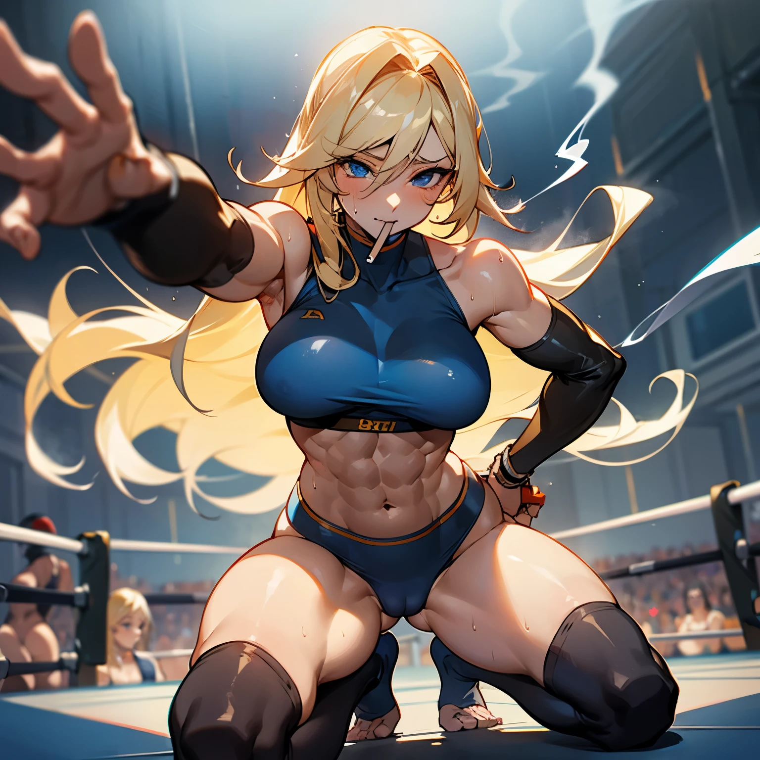 sexy, pov, abs, tights, feet, sweating, pov, smoking, smoker, muscled girl, large breast, large hips, blond hair, straight long hair, blue eyes, more smoke, multiple cigarettes, blue legging, camel toe, open breast, wrestling,