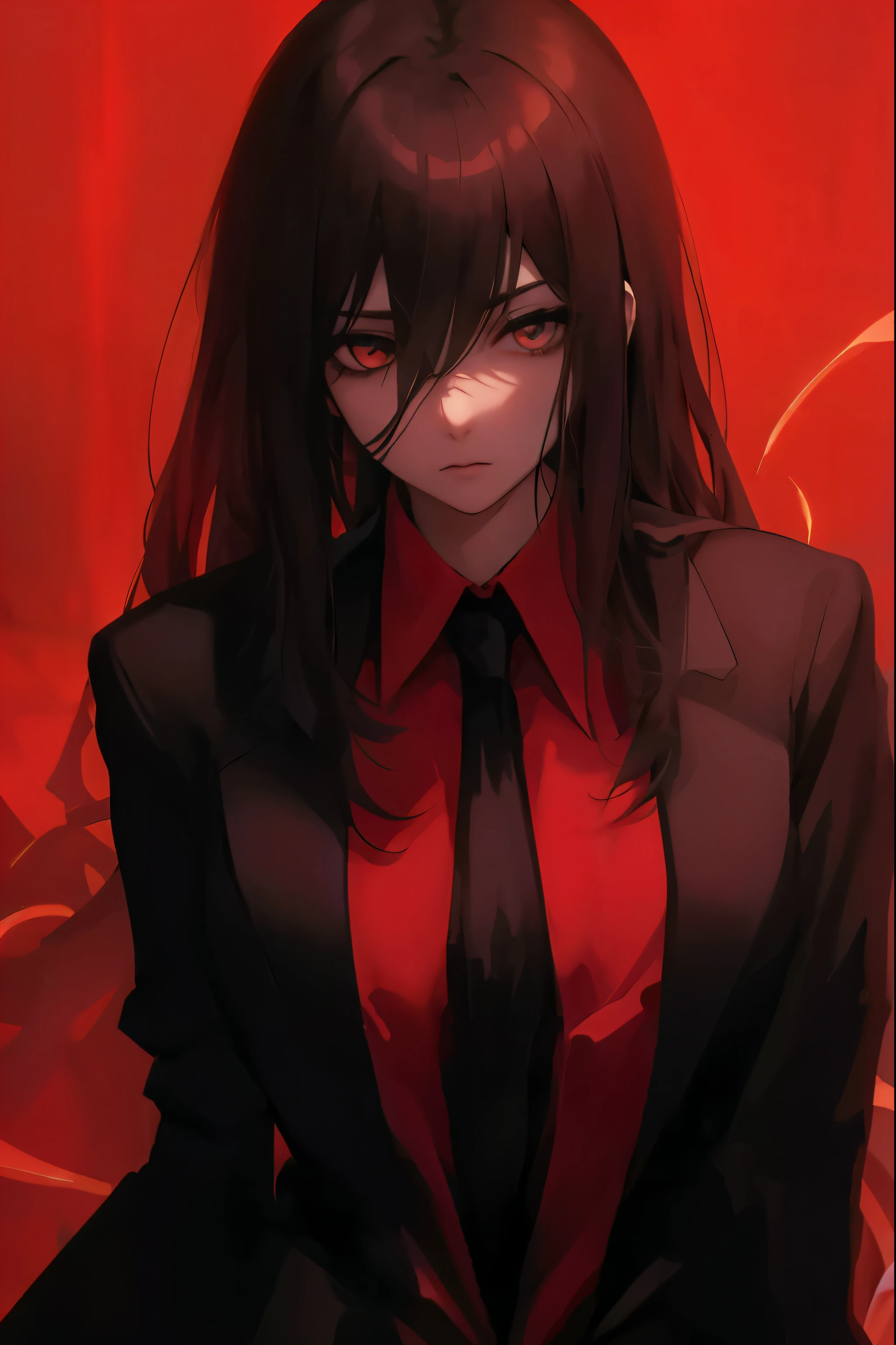 Generate an artwork of the highest quality (1.2) that shows a close-up of the eyes with an emphasis on dark horror film elements. The image should feature a single male character, alone, with **shiny black hair** and **deep, pitch-black eyes**, a fringe and medium-sized breasts. She should be dressed in a white shirt and tie, wearing a characteristic anime style. The character should have an intense gaze and a serious expression (Male: 1.2), and should be looking directly at the viewer as if in an interview (Interview: 1.3). The background should be dark with the presence of crows (crows: 1.3) and should be blurred to give a realistic effect (dark and red background, detailed background).