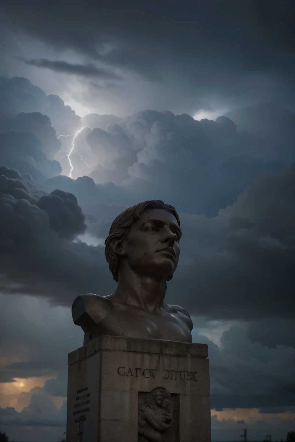 stoic muscular and pensive stone statue, half body, background lightning cutting through a cloudy sky in a storm, 8k hyperrealistic, close up