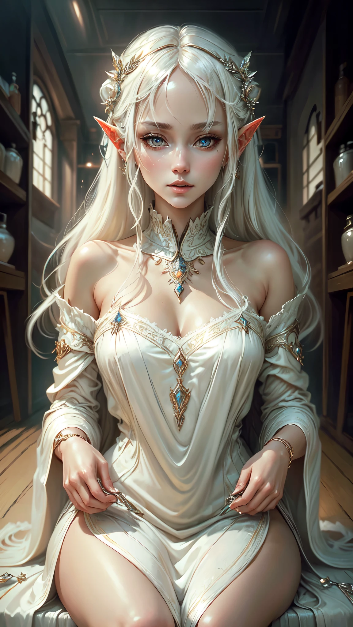 ((Best quality)), ((masterpiece)), (highly detailed:1.3),a woman white hair fringe elf dress white gold accessories, seated shy look flushed, detailed face detailed eyes, detailed hands