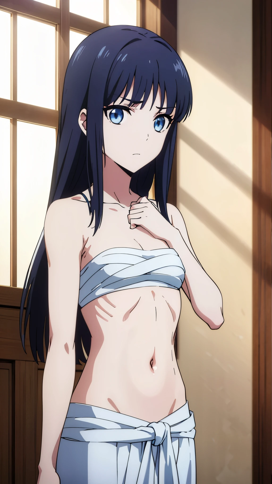 masterpiece, highres, solo, 8k, detailed, perfect face, best quality, (ultra high quality), (looking at viewers), (armpit), collarbone, bare arms, medium, breast, cleavage, black hair, long hair, yellow hair tie, blue eyes, belly, stomach, navel, abs, sarashi chest, bandaged breast, (blue hakama), slim body, upper body, emotionless, flat face, closed mouth, at forest, hand up