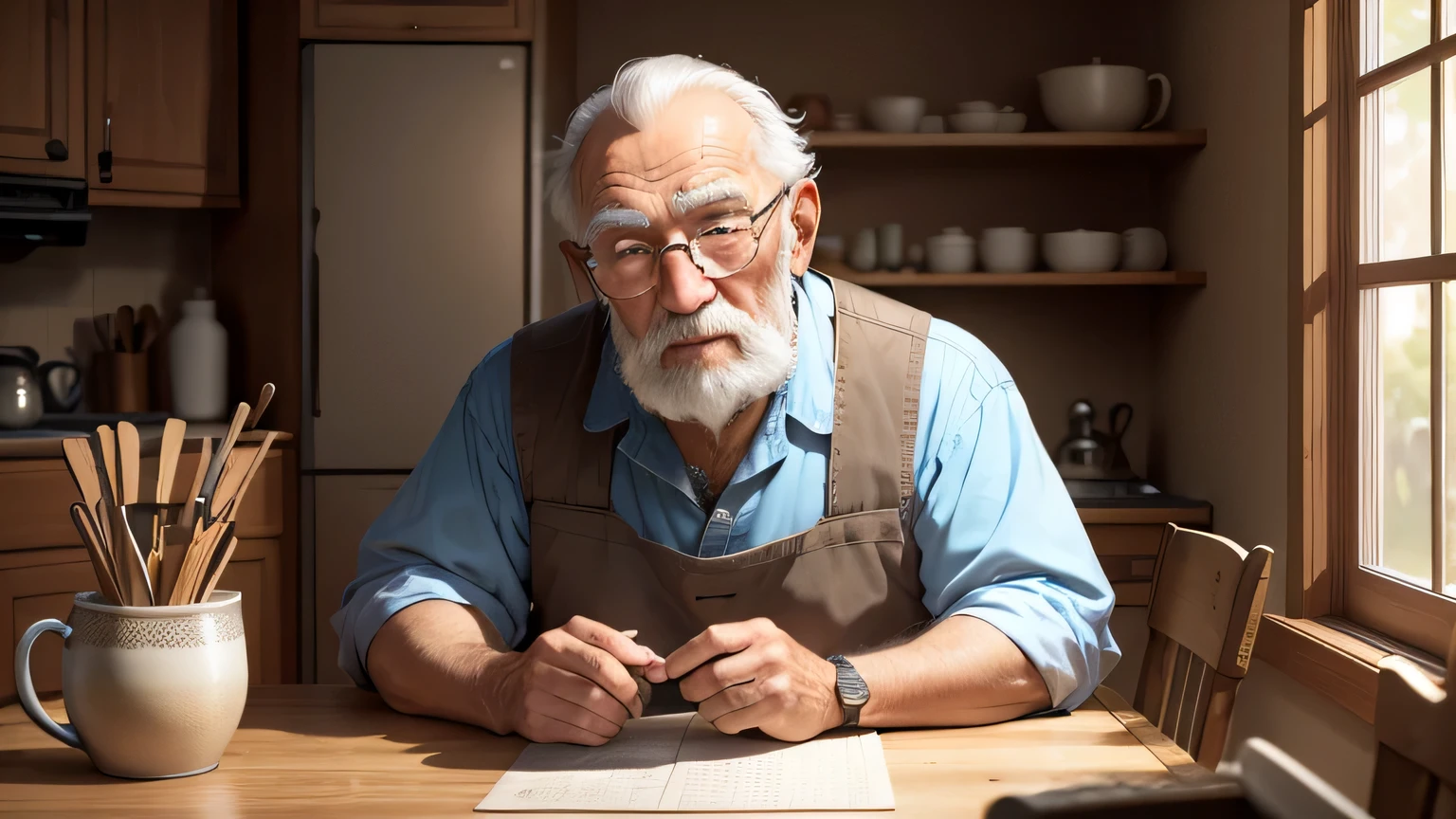 grandpa looking old man avatar sitting at kitchen table facing the camera. Telling a story