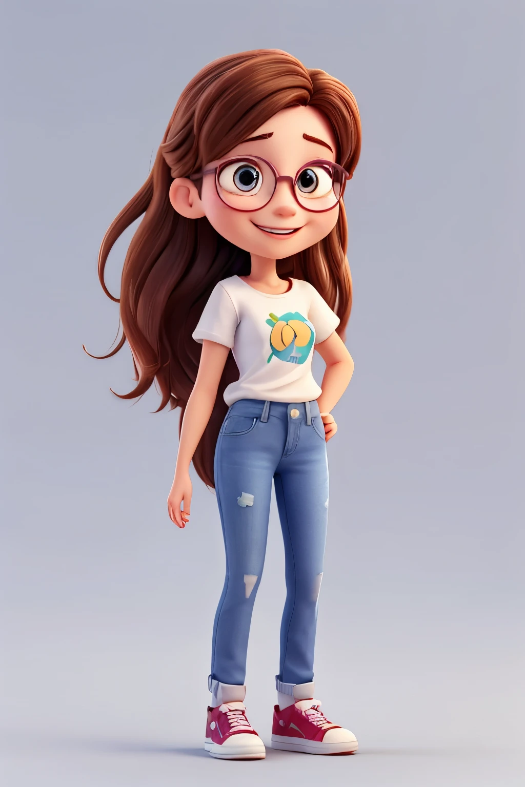 3D Character,3d rendering of a cute anime girl,8k,A young and successful Brazilian businesswoman,about 28 years old,animation character,Aurora Arruda,Aurora will be smiling,beautiful 3d rendering,Best quality,brown hair that reaches her waist,Cartoon character,Casual pose,character 3d render,character in her natural pose,character rendering,cheeky smile,cute character,Disney style,female character,female protagonist,full body,full body character drawing in the style of 3D Art,headshot profile picture,highly detailed character,wearing big sunglasses,Holding a cellphone in her right hand,insane smile,largely smilling,laughing huge smile,Pixar style render illustration,Posing for photos,promotional rendering,pure white color background,She is a young woman,she is smiling,Smiling female,smiling happily at the camera,straight,Stylized 3d rendering,Super Detail,toon rendering screenshot,very big smile,very happy,wearing jeans and white t-shirt,wearing sneakers,white skin,work of art,young wonn with a huge smile