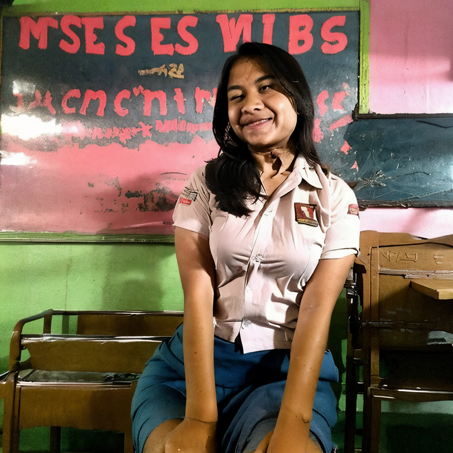 Beautiful Indonesian girl, in a high school student uniform, sitting astride, opening her skirt, shirt buttons open, big breasts out, while playing with her vagina, white oil seems to stick around her vagina, orgasmic expression on her face, seductive face, wet skin, wet face, located in the classroom,. there seemed to be several naked old men, in the classroom,