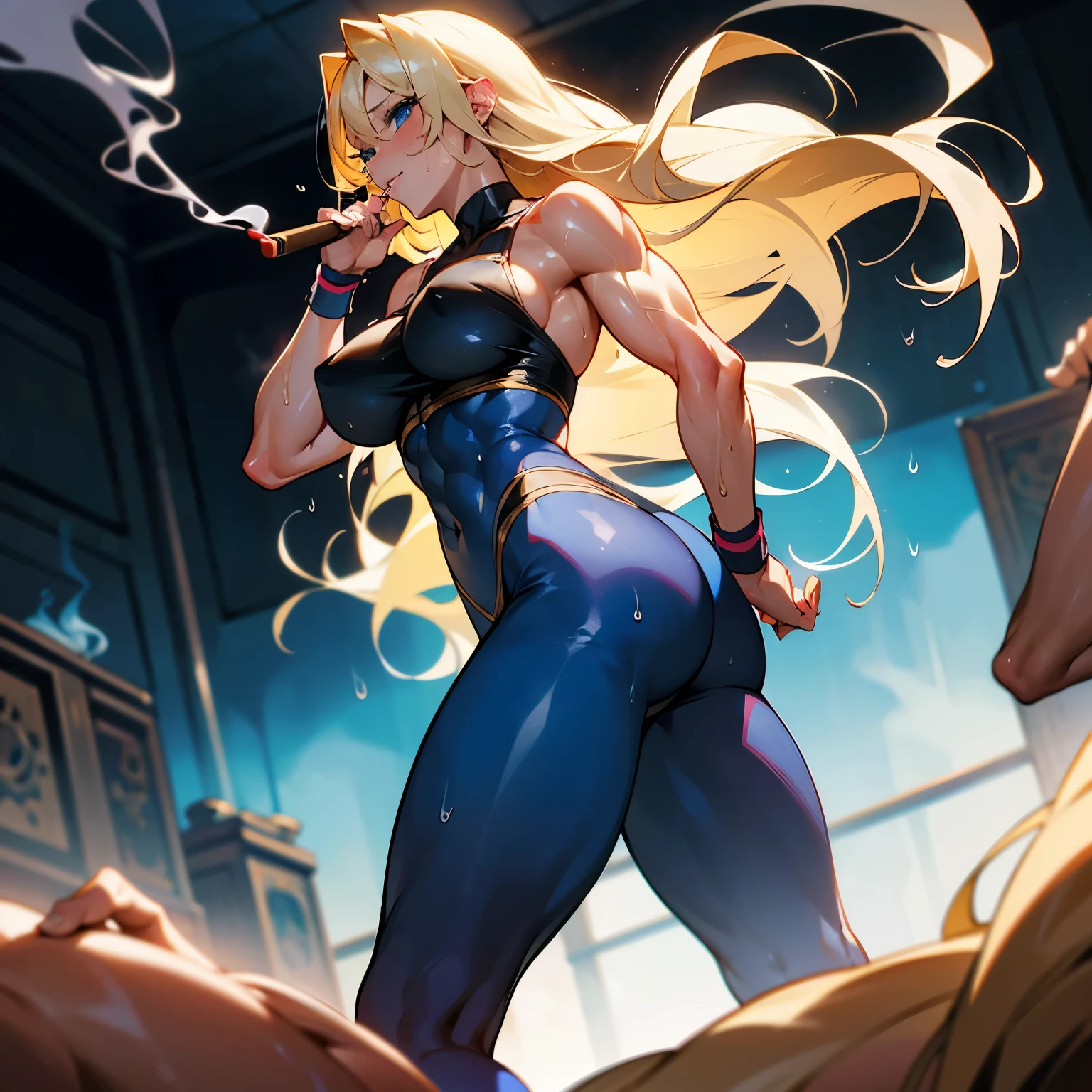 sexy, abs, tights, feet, sweating, pov, smoking, smoker, muscled girl, large breast, large hips, blond hair, straight long hair, blue eyes, more smoke, blue legging, open breast, wrestling, she's wet, with cigar, we see her back, we see her butt, showing off, showing muscle