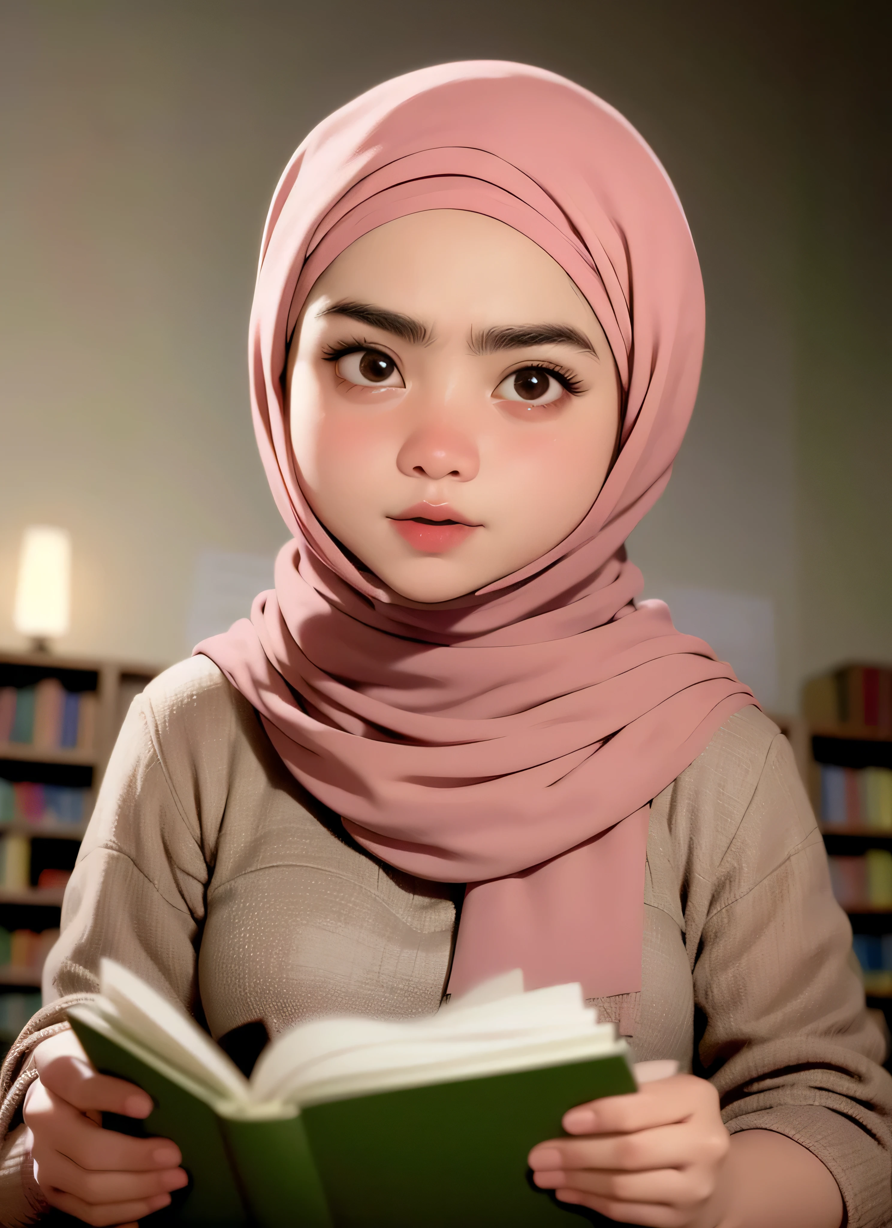 Produce an exceptionally detailed and lifelike scene portraying a young Malay girl, elegantly adorned in a hijab, immersed in a library. Her expression should reflect sheer surprise as magical fairies burst forth from the book she's reading. Strive for impeccable photorealism and an 8K resolution with a dynamic depth of field.