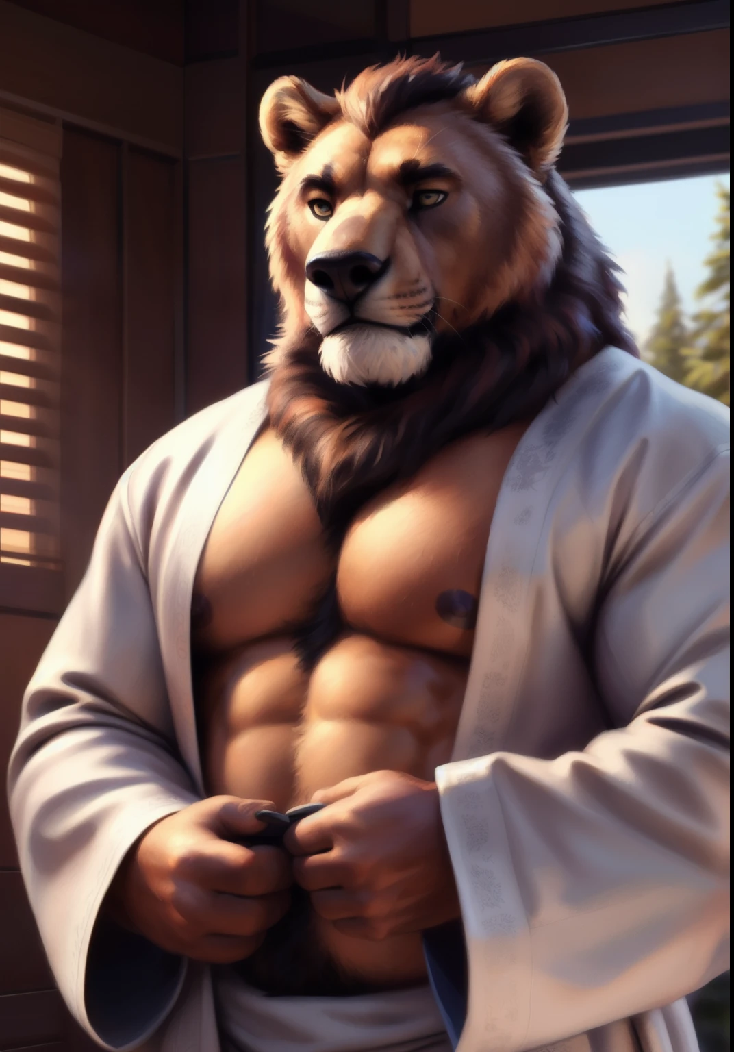 Lion, bear, male, solo, adult partially clothed, abs, pecs, nipples, kimono, yukata, open kimono, shirtless, muscular, serious_face, bodybuilder body, beefy,
by bruteandbrawn, by personalami, by kenket, (intricate, high detail, film photography, soft focus, RAW candid cinema,
photorealism, realistic, photorealistic, analog style, subsurface scattering,
masterpiece, best quality, ultra realistic, 8k)