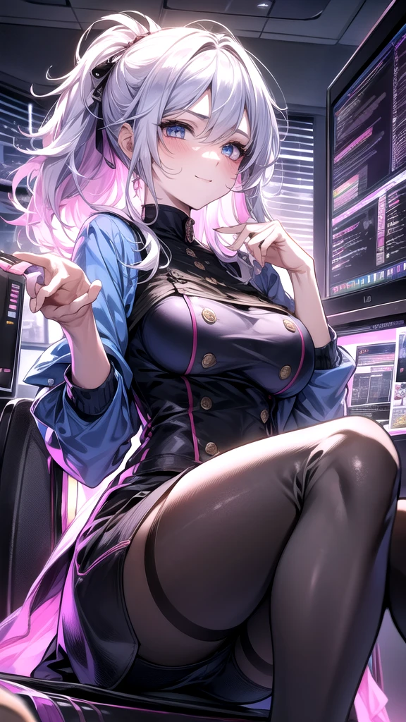 ultra-detailed, cute woman, petite stature, enormous breasts, white skin, alluring figure, rainbow hair, long messy hair, long upper eyelashes, eyebrows behind hair, upturned eyes, light blush, seductive smile, background((dark and messy gaming room, Server Machine, neon lights, Braces, some Computer screen, notebook)), messy paper, flight, Debris flying, writing border depth, Movie, Finished lunch box, Cup drinks, (((seated in a gaming chair))), ((sitting behind a computer)), ((Cross the feet)), (engrossed in staring at the computer screen:1.4), ((hands moving on the keyboard)), , , ((Blue jacket)), Open one shoulders, ((black short bandeau top)), ((white skirt), ((black thigh-high stockings)), ((screen light)), HDR, Premium shadow, Perfect painting, visual art, Perfect art, super detail, chiaroscuro, Best quality, super textured skin, super detail face, perfect face, Super fine facial details, beautiful and delicate eyes, perfect eyes, correct limbs, correct finger, super detail finger, best hair quality, best clothing quality, (((best prop quality))), ccurate, highres, super detail, masterpiece,, 