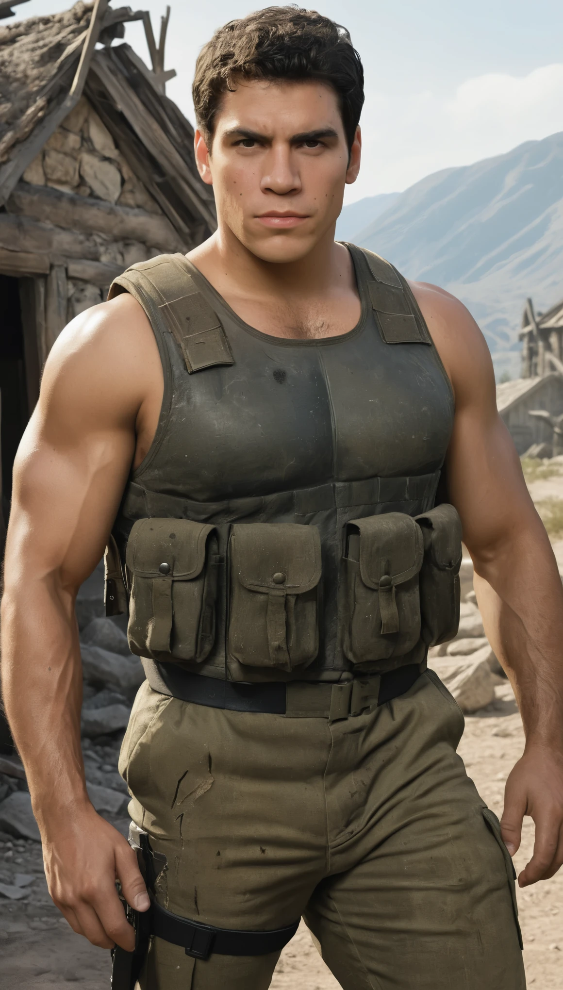 An illustrated movie poster, hand-drawn, full color, a soldier, male, 21 years-old, wearing a flak vest and tactical pants, resembles a young Lou Ferrigno, sun-tanned skin, chubby face, average height, broad shoulders, soft belly, slightly overweight, deep brown eyes, wide bulbous nose, black hair, curly taper fade, thick bushy eyebrows, extremely hairy chest, stomach, and arms, lots of body hair, posing in a ruined village, hard shadows, graphite shading, stencil markings, airbrushed acrylic paint, masterpiece, in the style of Skyrim