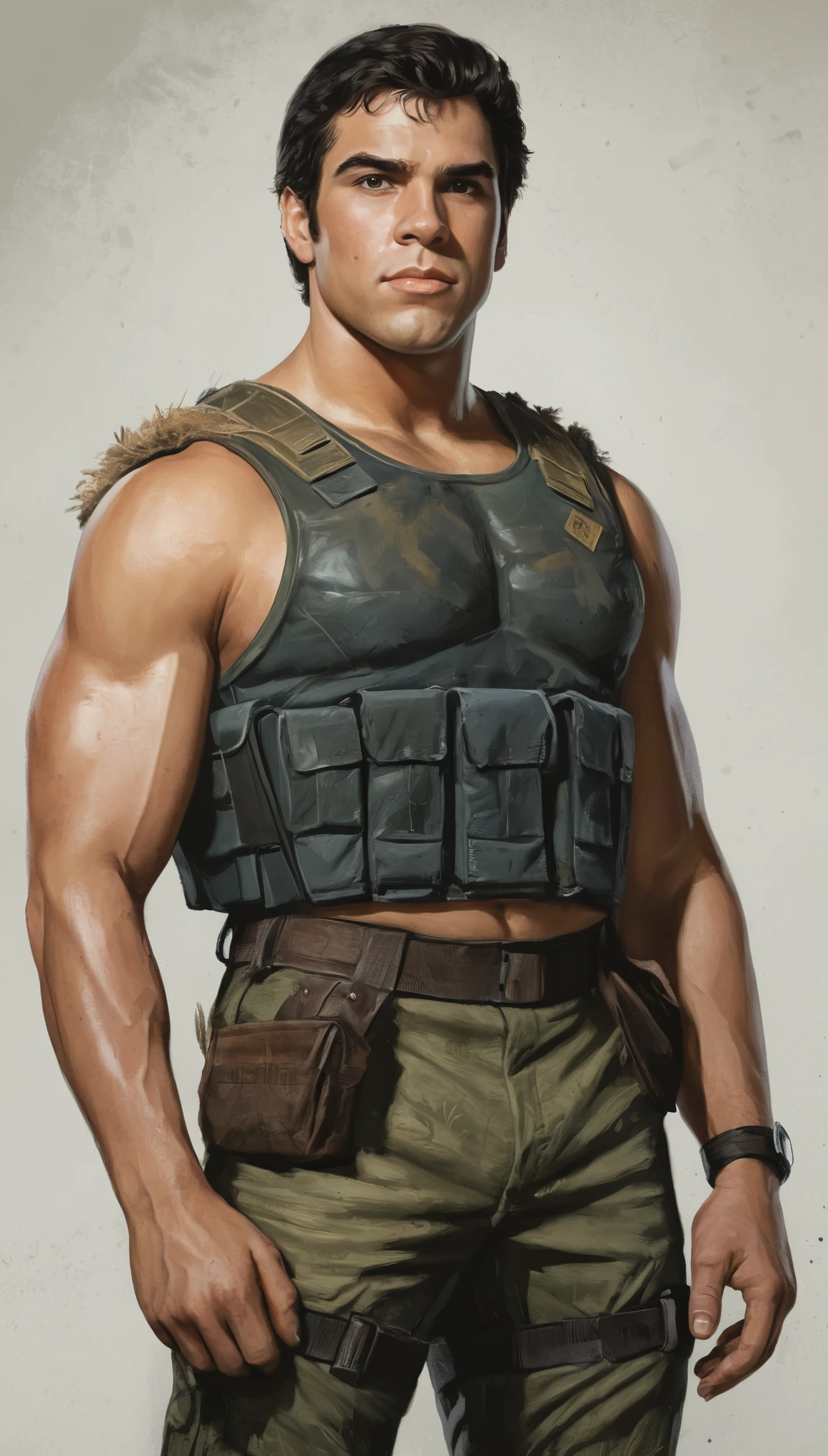 An illustrated movie poster, hand-drawn, full color, a soldier, male, 21 years-old, wearing a flak vest and tactical pants, resembles a young Lou Ferrigno, sun-tanned skin, chubby face, average height, broad shoulders, soft belly, slightly overweight, deep brown eyes, wide bulbous nose, black hair, curly taper fade, thick bushy eyebrows, extremely hairy chest, stomach, and arms, lots of body hair, posing in a ruined village, hard shadows, graphite shading, stencil markings, airbrushed acrylic paint, masterpiece, in the style of Skyrim