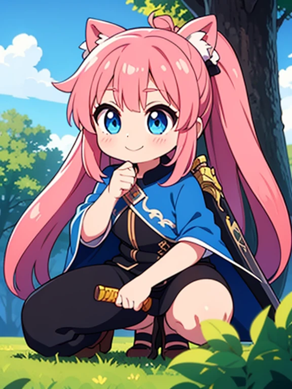 A pixel art of a girl holding a sword, big hair, pink hair, very long hair, pontail, sidelocks, bangs, big eyes, blue eyes, smile, action pose, crouching, trees, blue sky, best quality, pixel