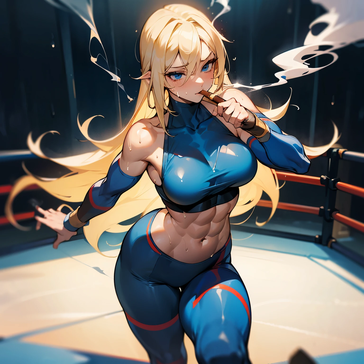 sexy, abs, tights, feet, sweating, pov, smoking, smoker, muscled girl, large breast, large hips, blond hair, straight long hair, blue eyes, more smoke, blue legging, open breast, wrestling, she's wet, with cigar, showing off, wrestling pose