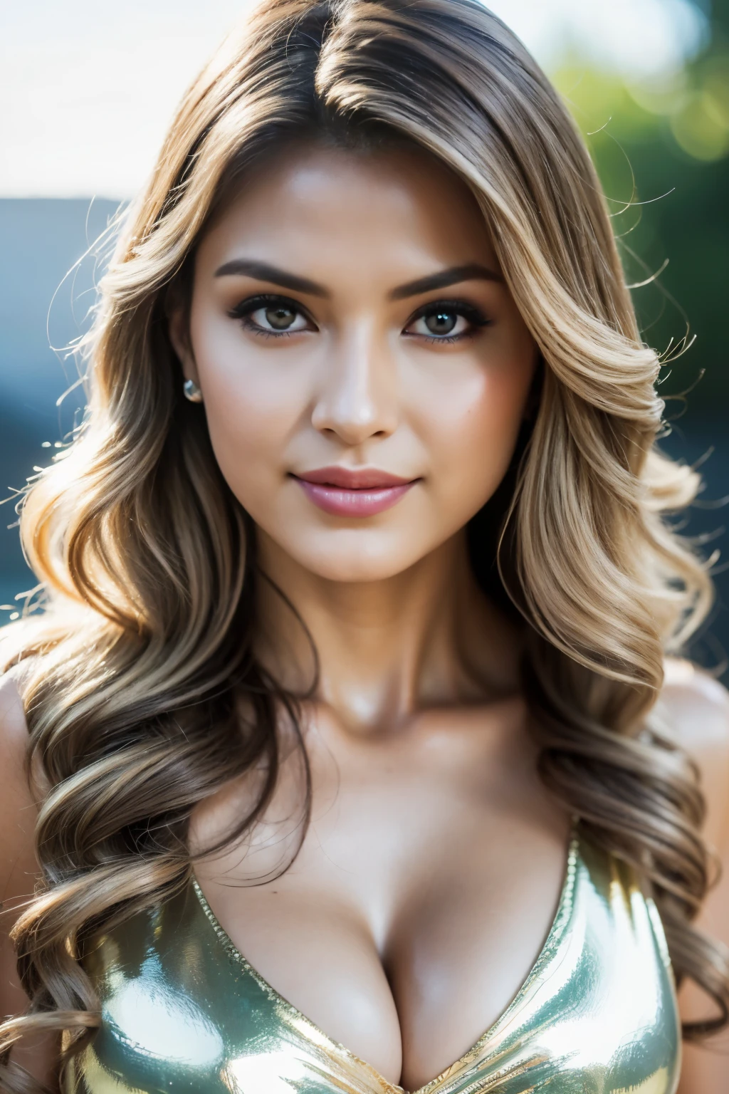 (one standing Clarisa Rita (looking at camera)), (Realisitc:1.5), 25 years old, breathtaking beauty, natural beauty, delicate face, beautiful eyes, (long wavy (dark shiny blonde hair: 1.5)), (high posture: 1.5), (athletic body), ((medium breasts: 0.8)), cleavage, (Small and beautiful hard nipple), full smile expression face, extremely detailed, brown eyes, (highly detailed skin:1.1), textured skin, subsurface scattering, (sharp focus), amazing fine detail, (cinematic:1.3), (dynamic lighting), intricate details, rich colors, lifelike texture, dynamic composition, modern outdoors, bright daylight, indonesian-latina with blonde hair, portrait photo